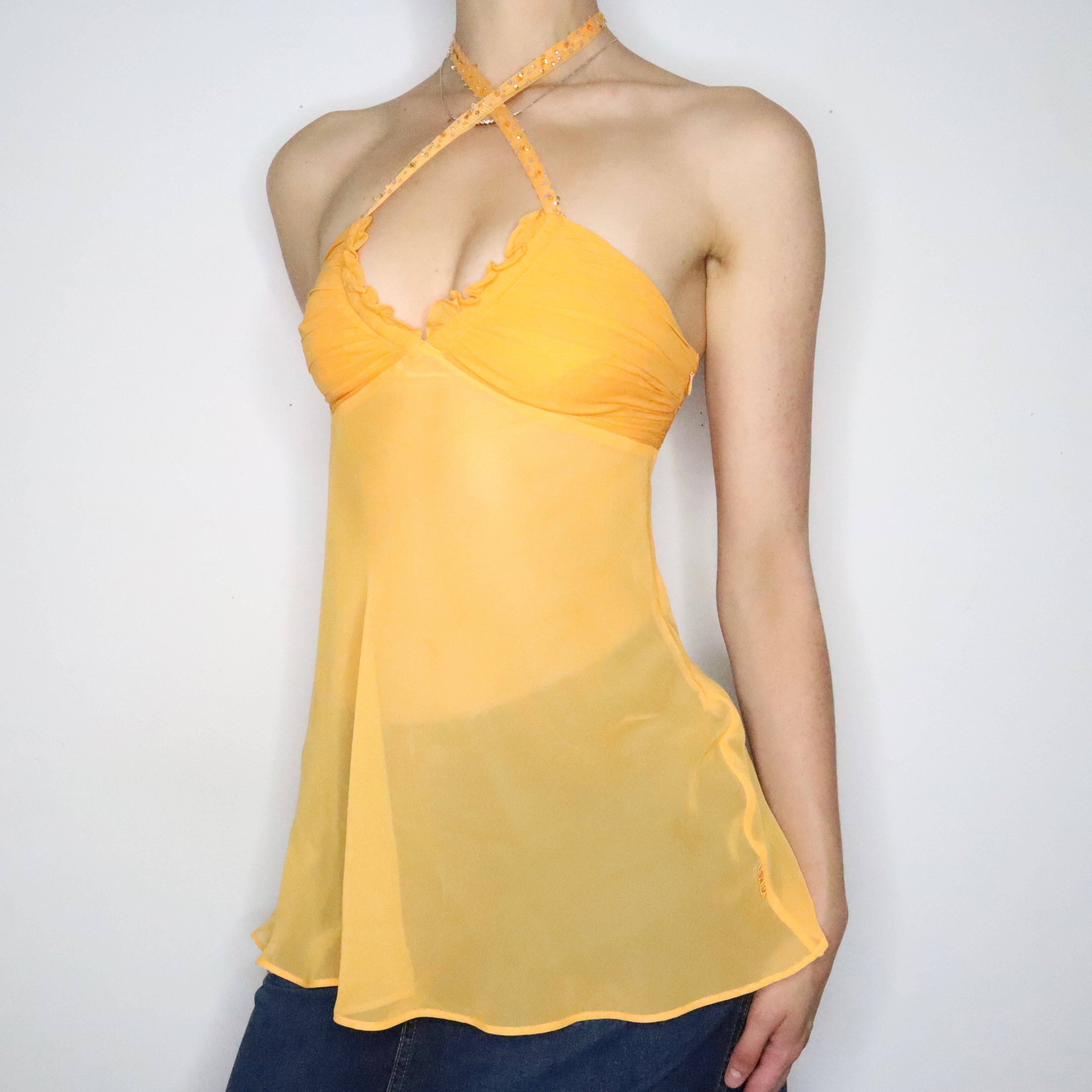 Orange Silk Babydoll Halter Top (Small)