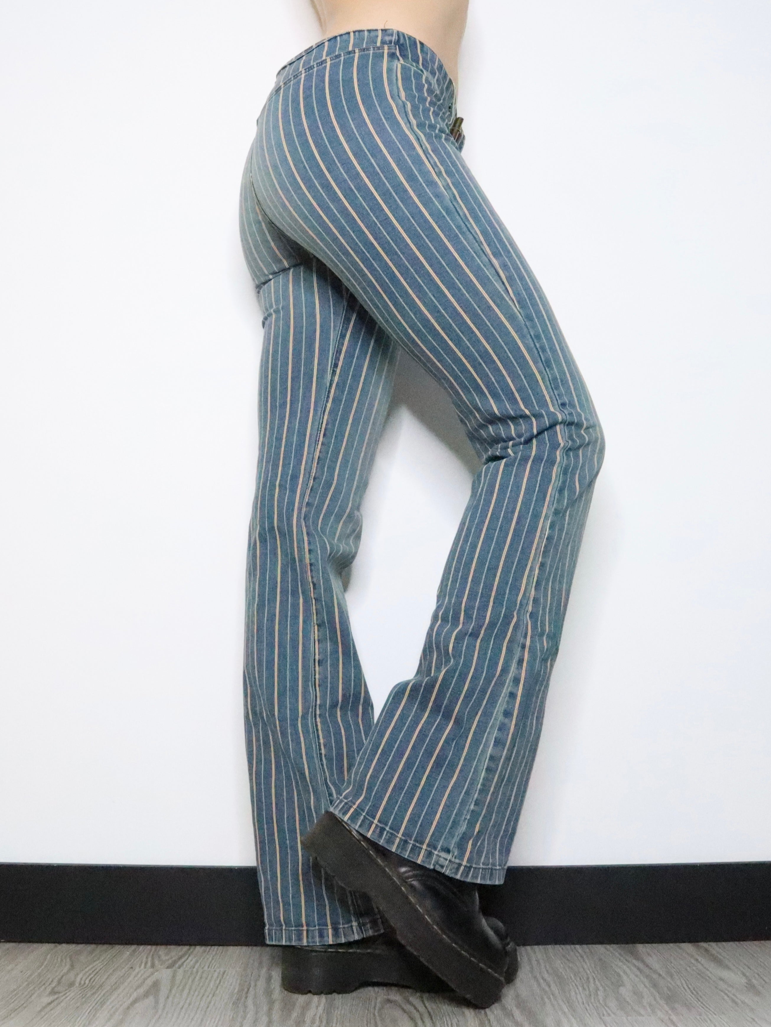 Pinstripe Buckle Flare Jeans (Medium) 