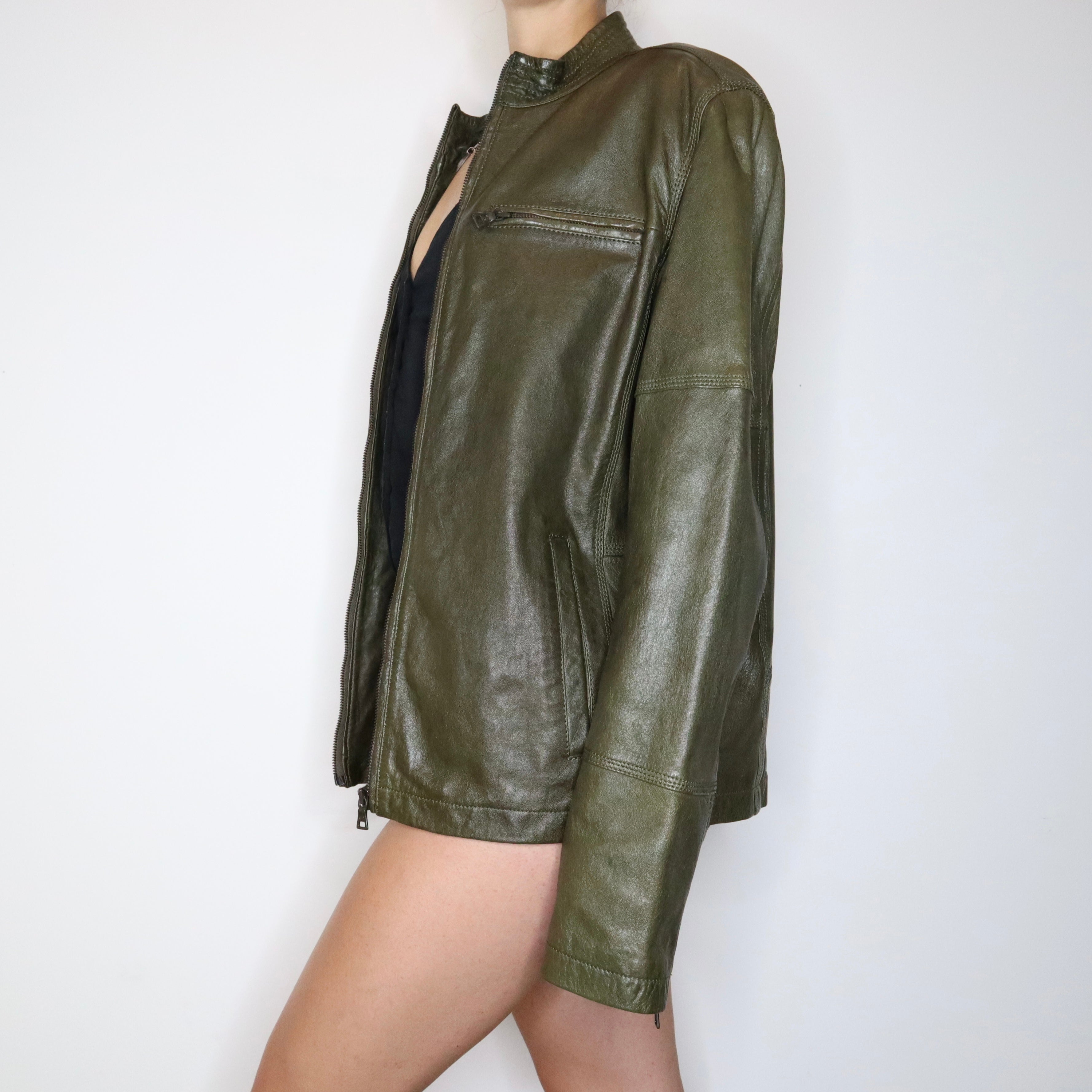 Green Leather Cafe Racer Jacket (L) 