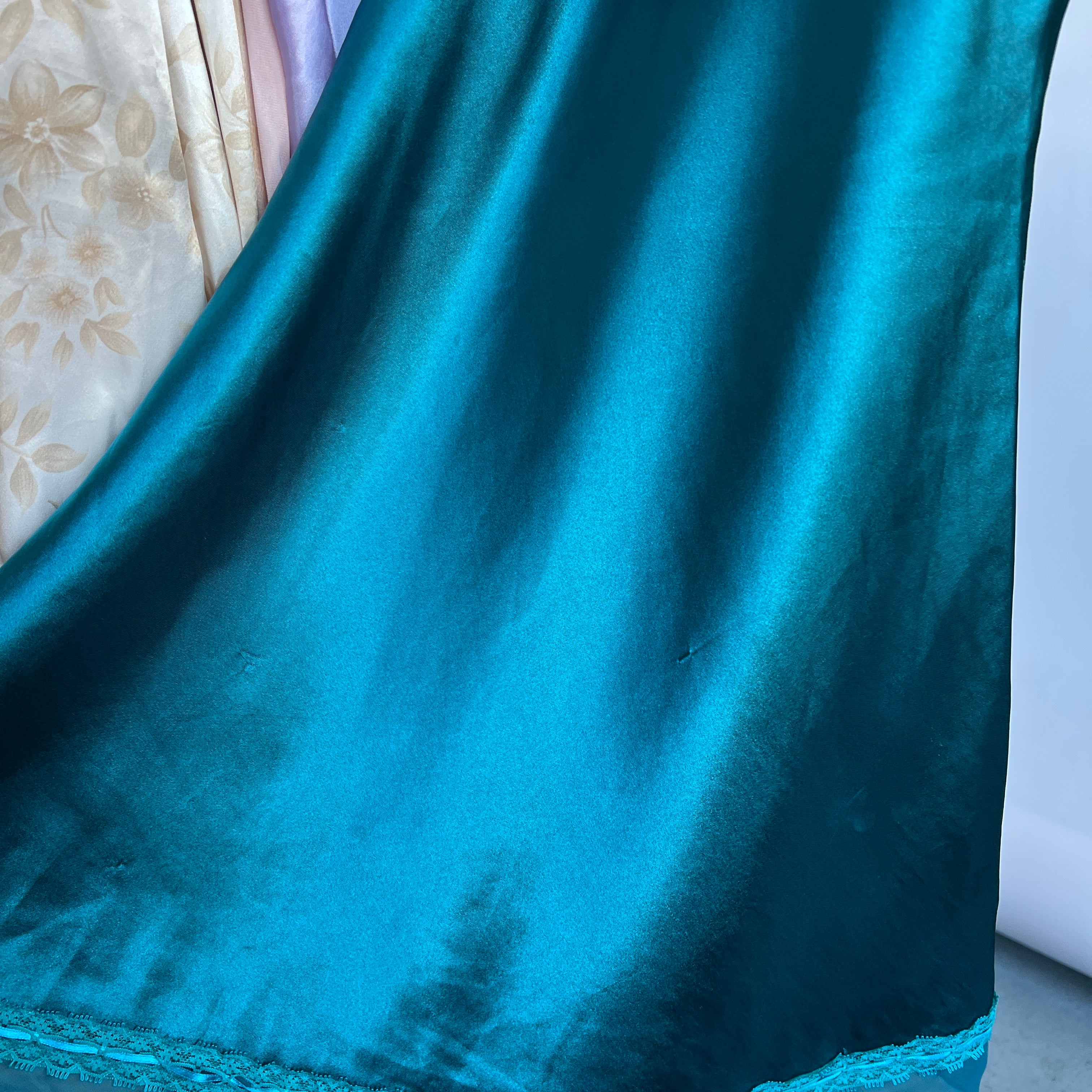 Teal satin embroidered flower slip