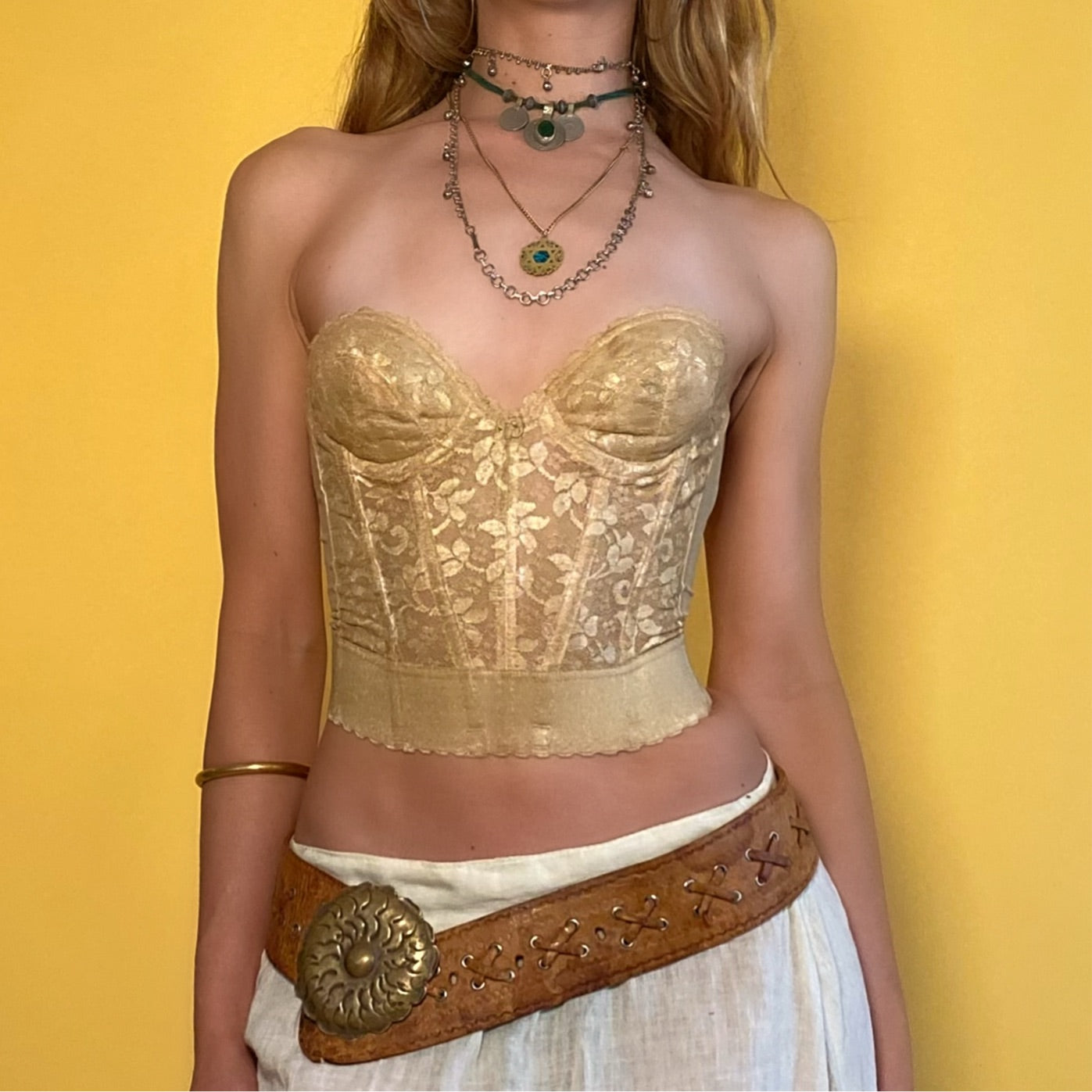Vintage Gold Lace Bustier Top - Small