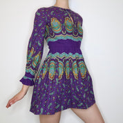 70s Purple Paisley Mini Dress (XS)