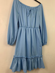 No shoulder blue ruffle dress