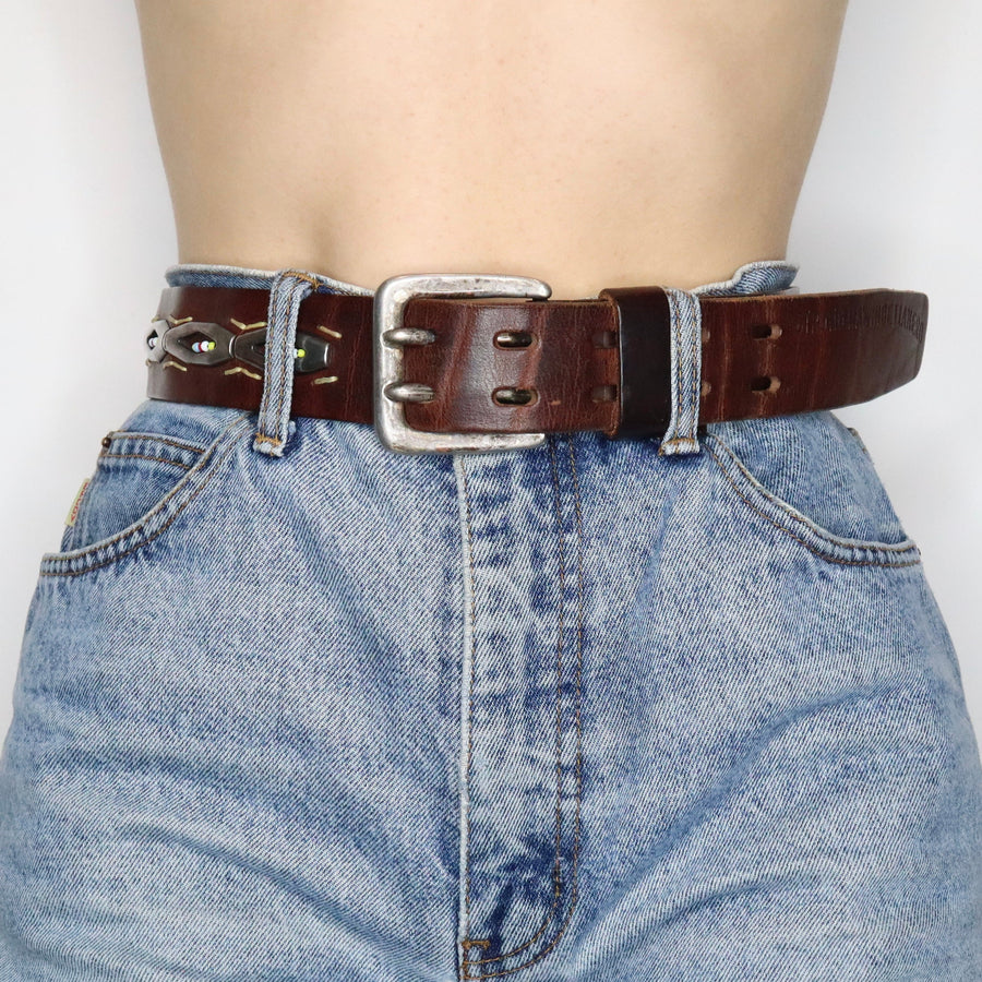 Brown Leather Beaded Belt (Medium)