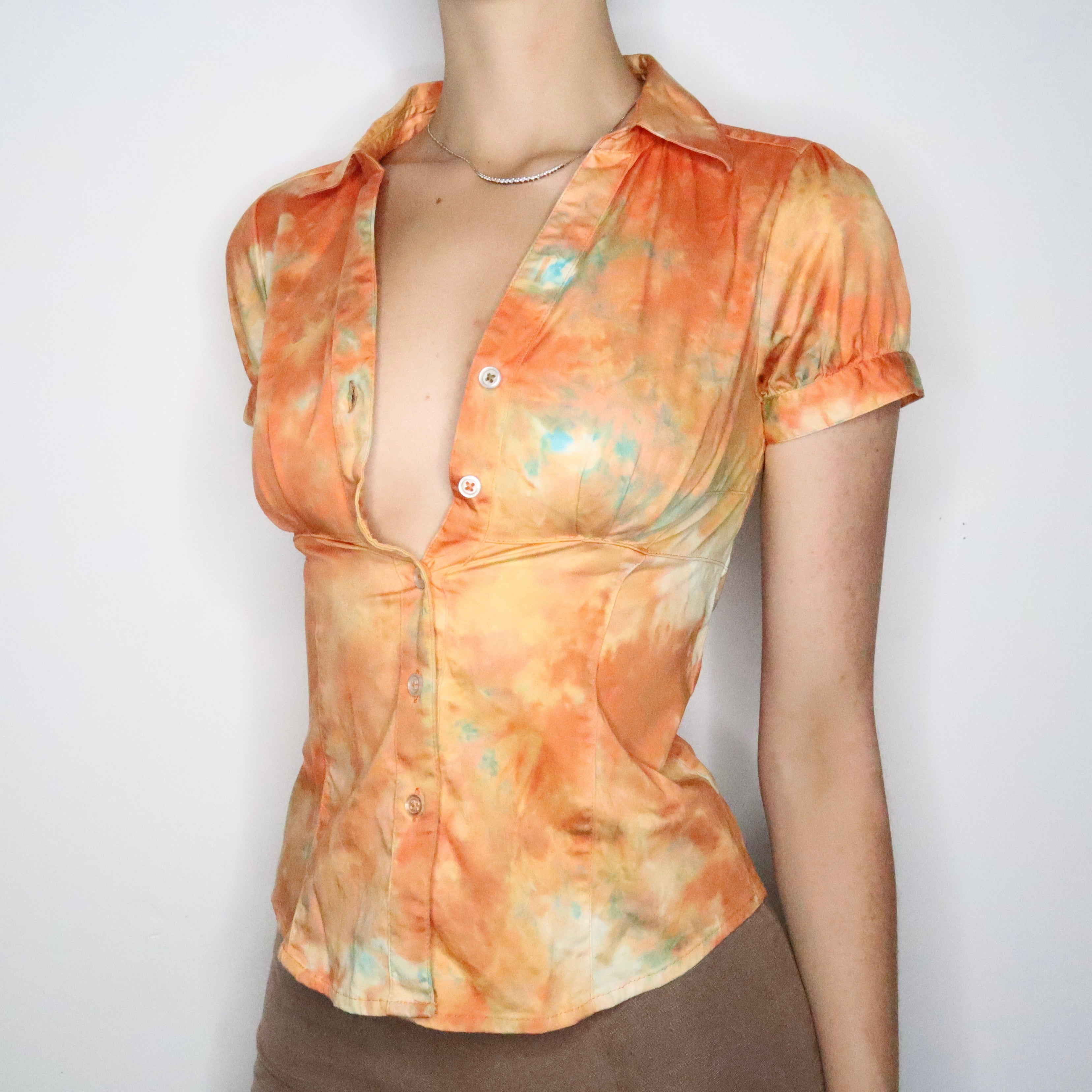 Orange Tie Dye Button Up Blouse (XS-S) 