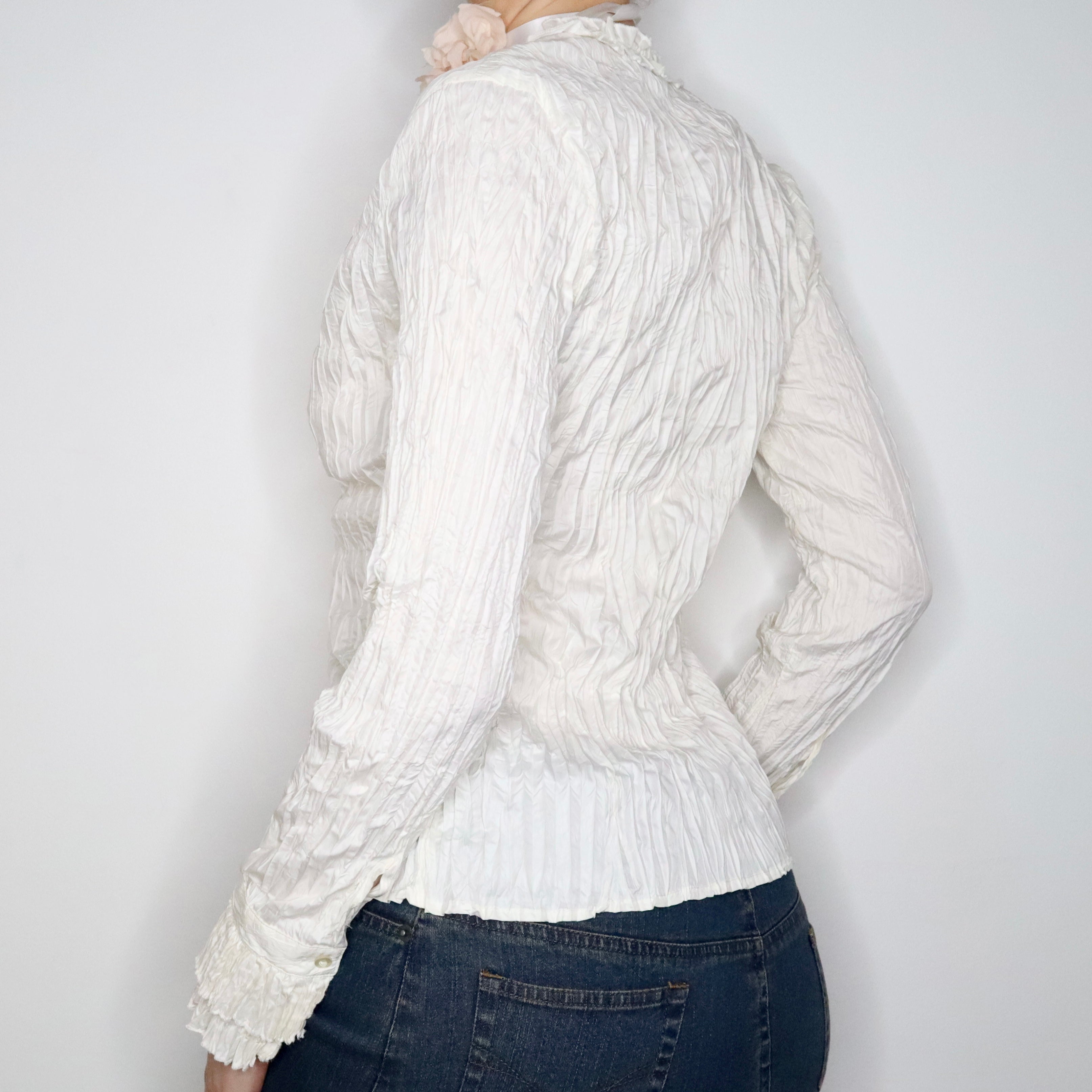 White Pleated Button Up Blouse (S-M) 