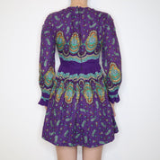 70s Purple Paisley Mini Dress (XS)
