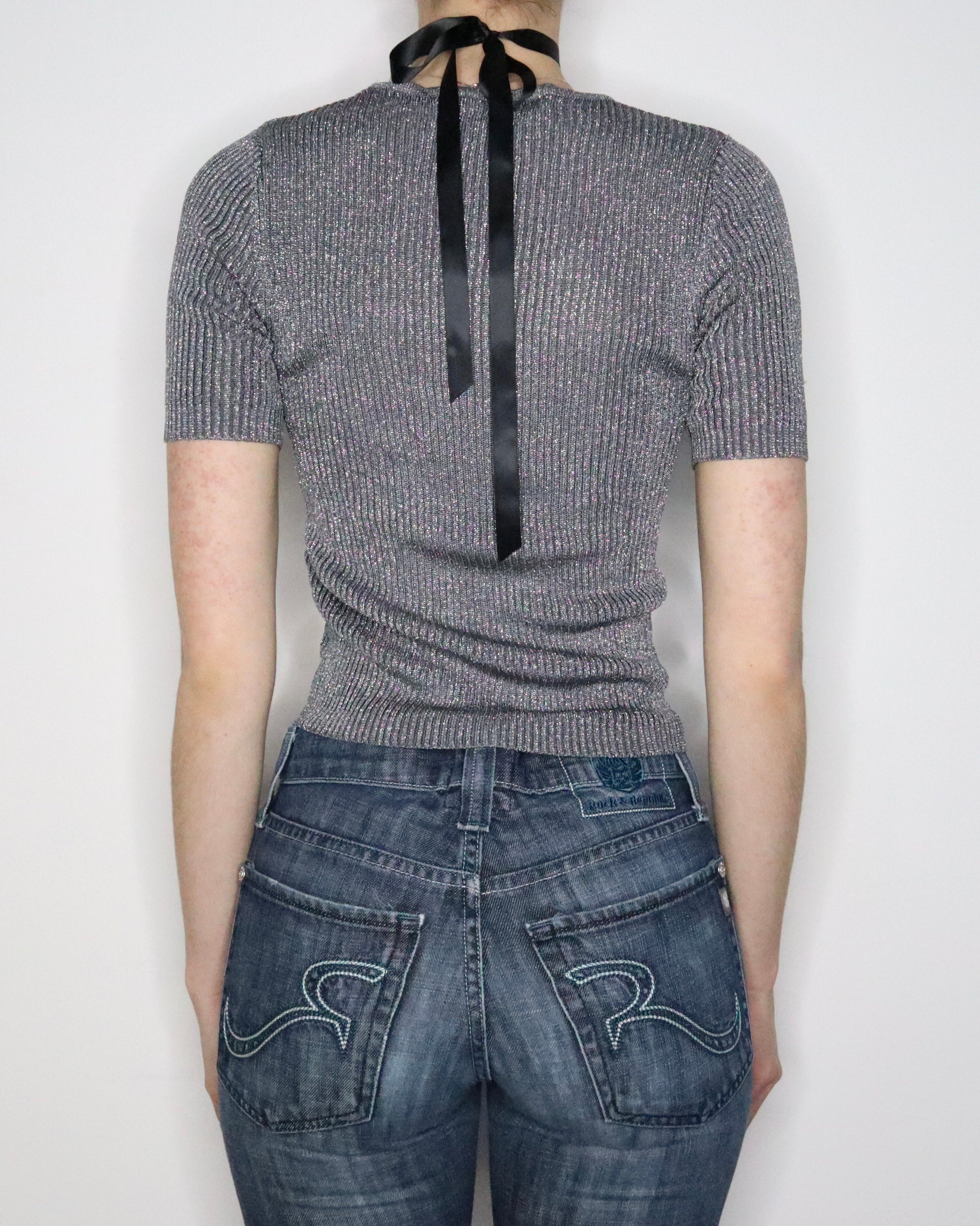Silver Ribbed Knit Top (XS-S) 
