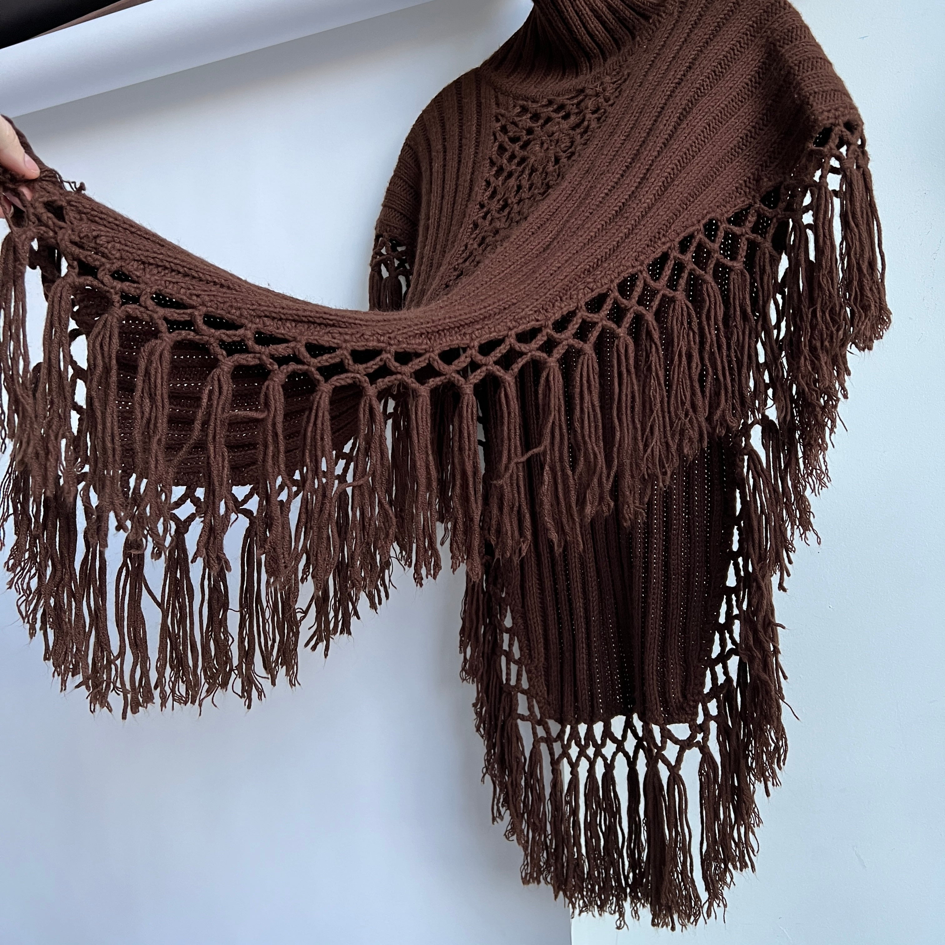 90s brown crochet fringe poncho