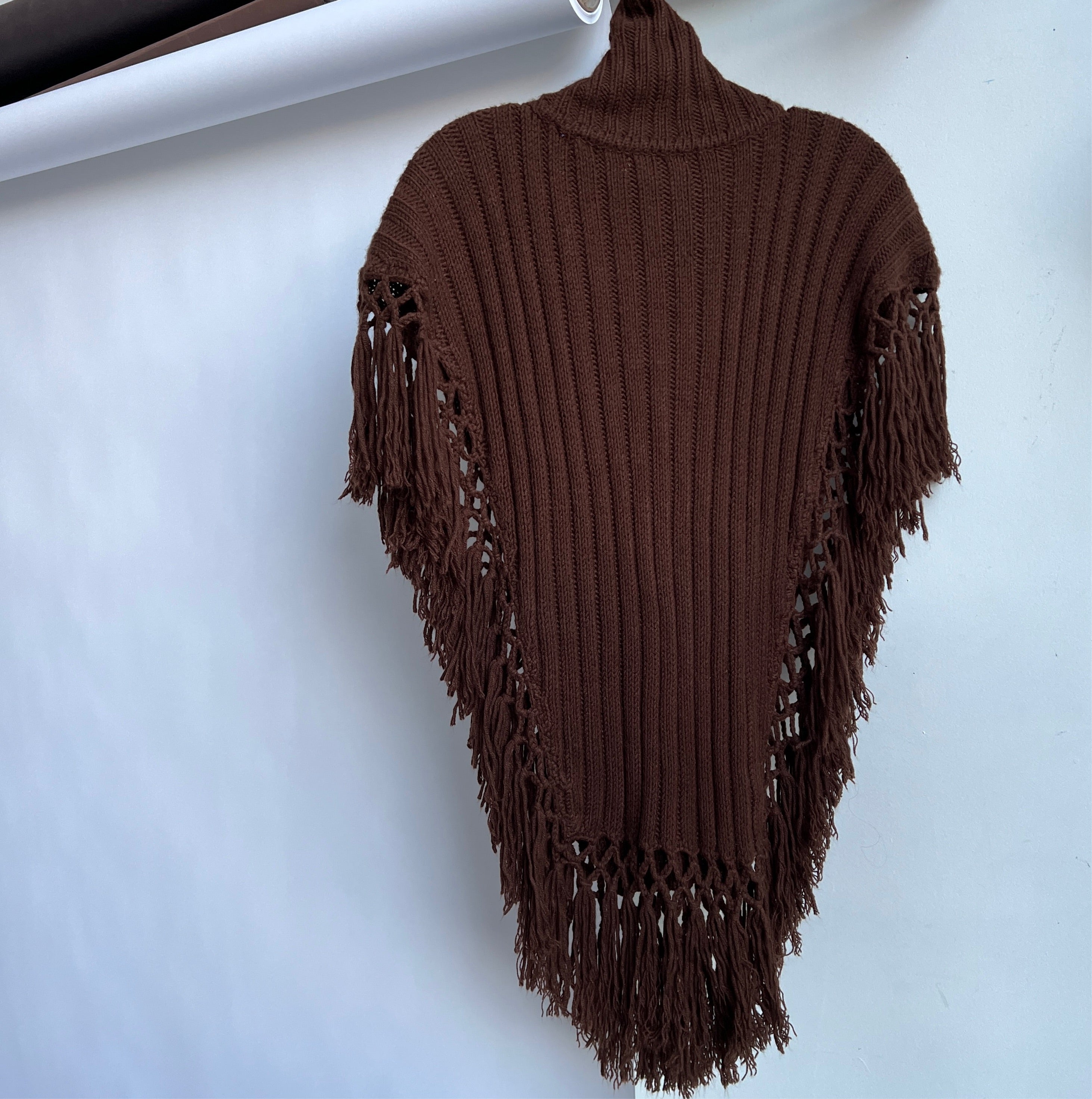 90s brown crochet fringe poncho