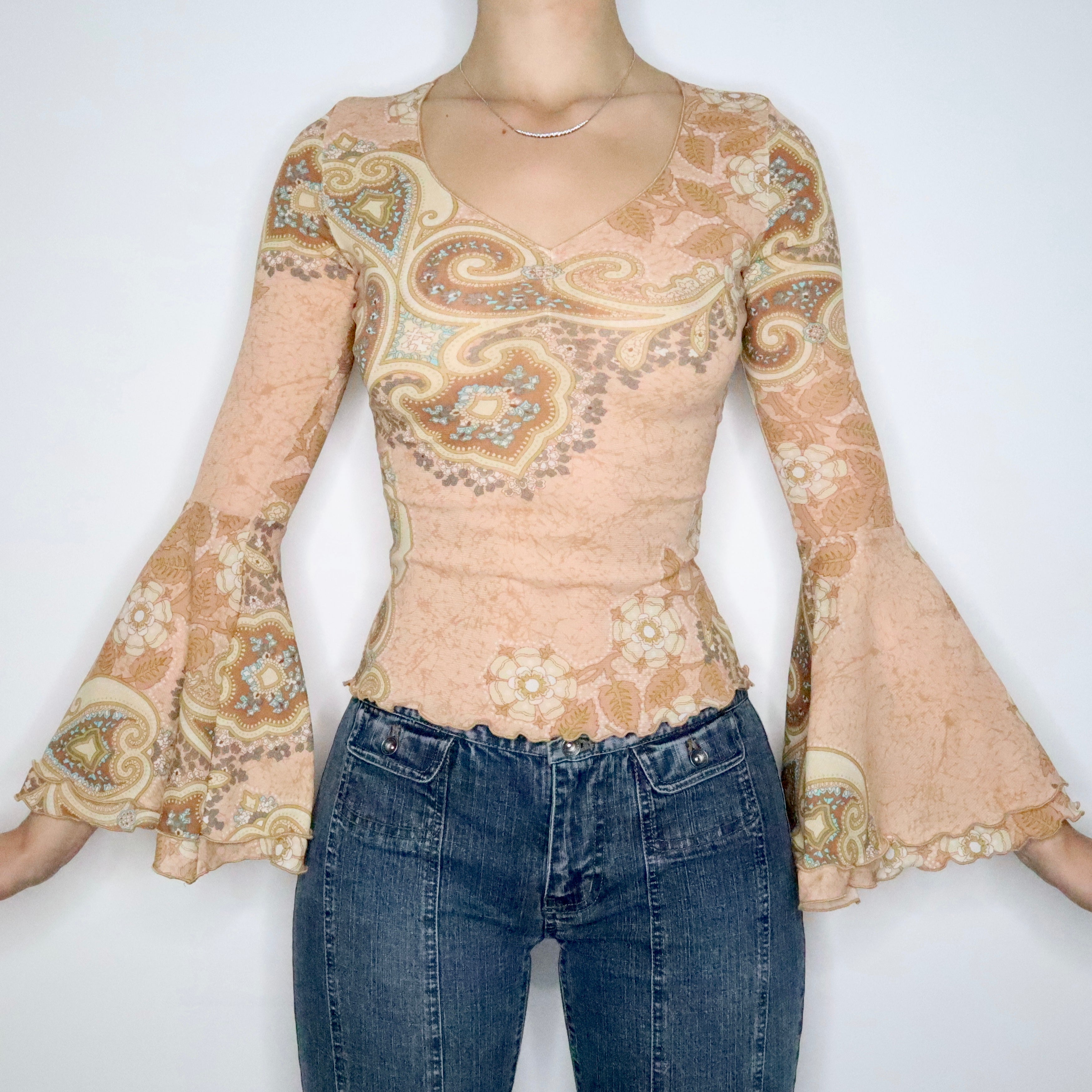 Tan Bell Sleeve Mesh Blouse (XS)