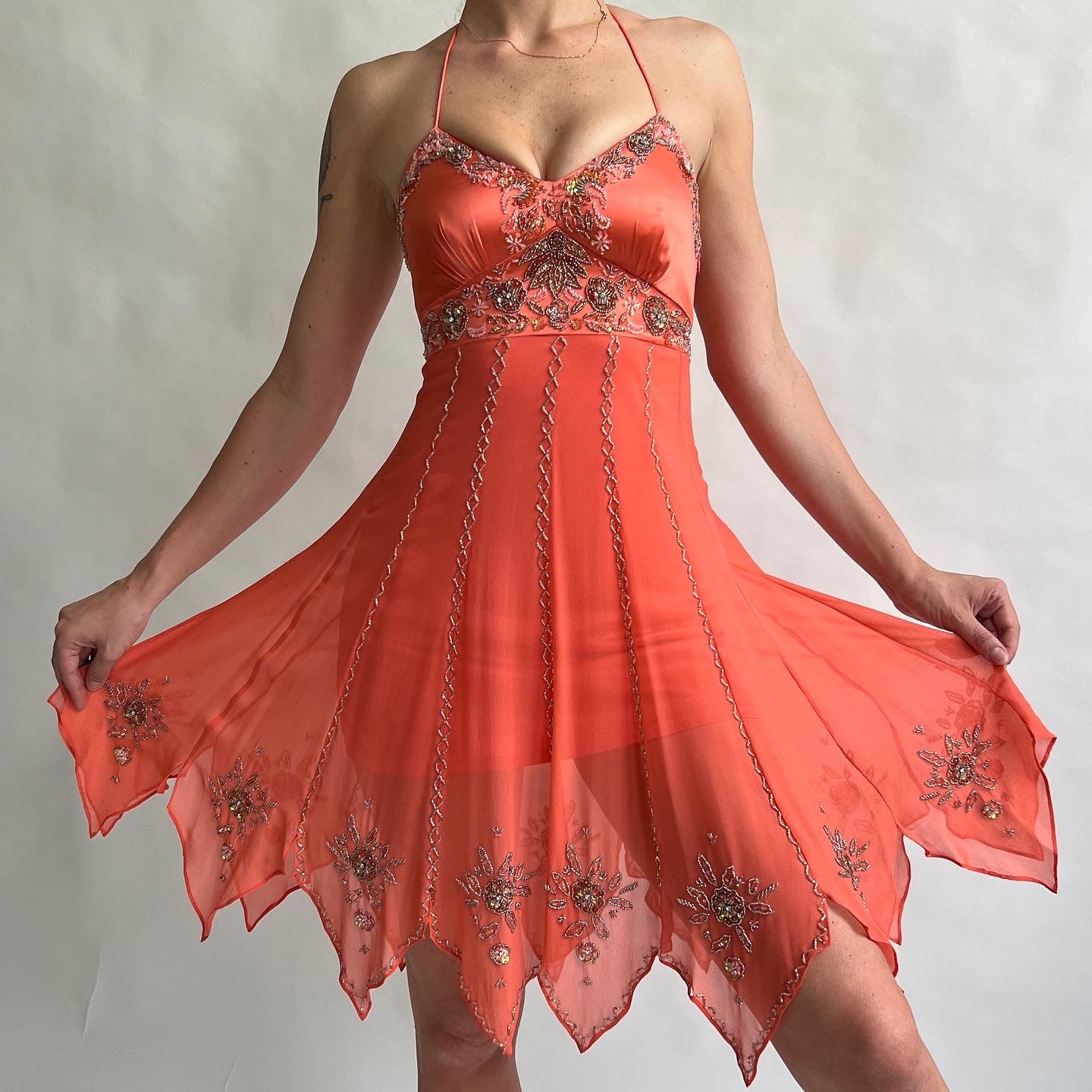 Beaded silk peach fairy dress - s