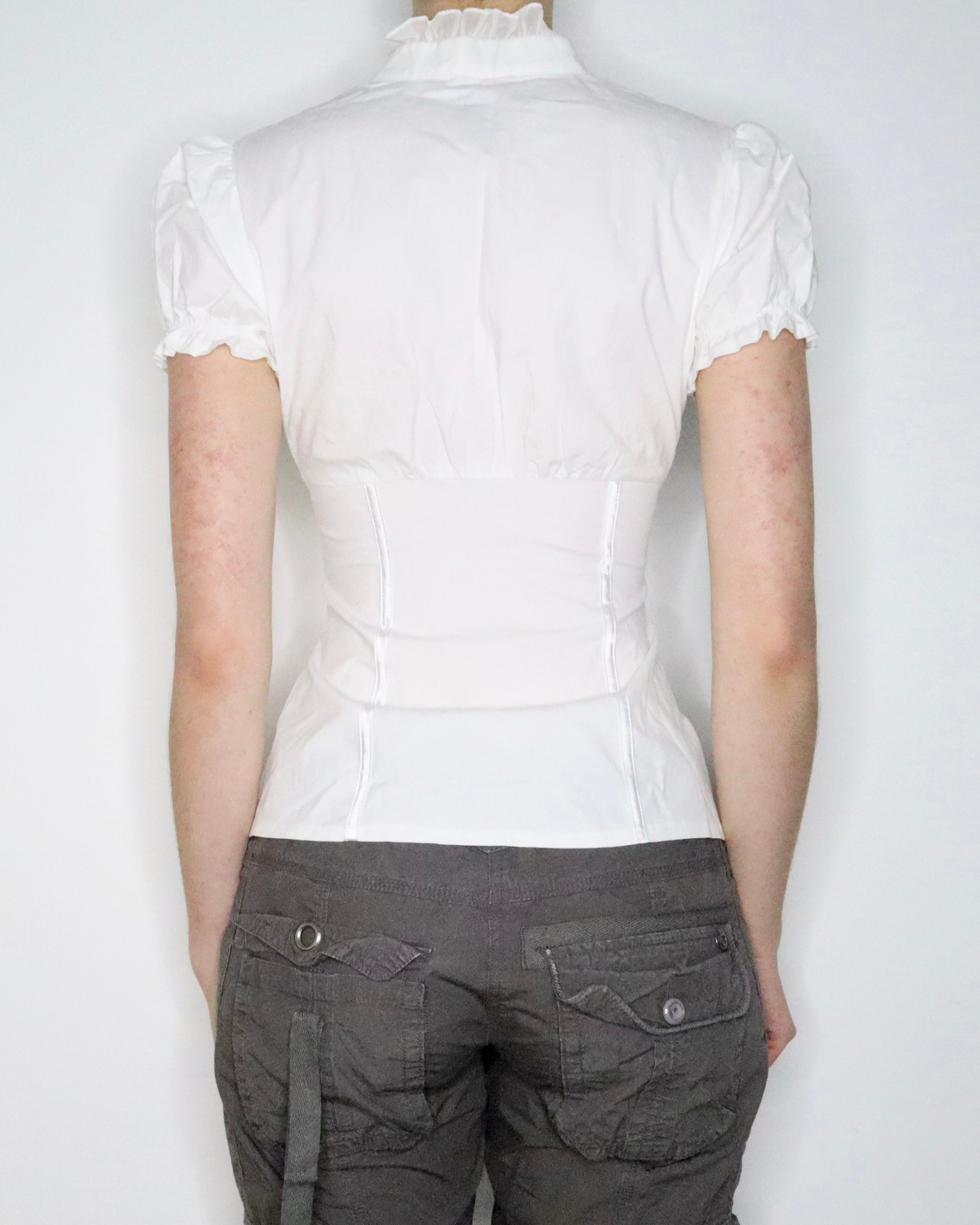 Bebe White Ruffle Blouse (XS-S) 