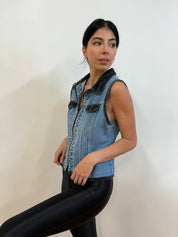 Black and blue denim vest