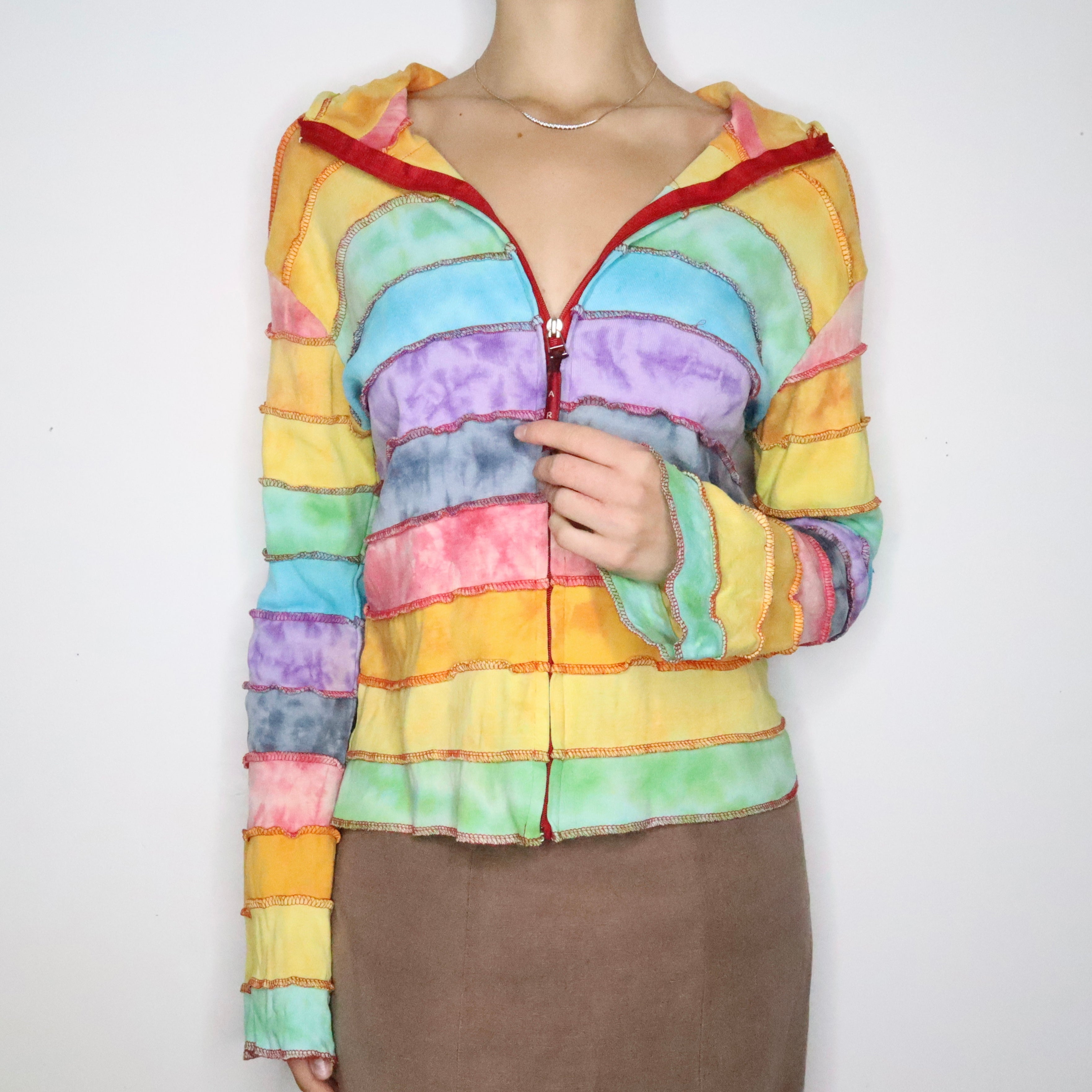 Rainbow Patchwork Zip Up Hoodie (Large)