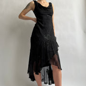 90s Black floral beaded maxi dress (L)