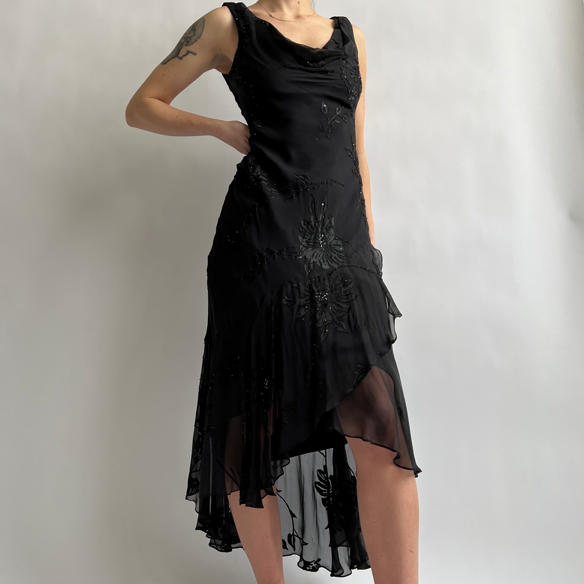 90s Black floral beaded maxi dress (L)