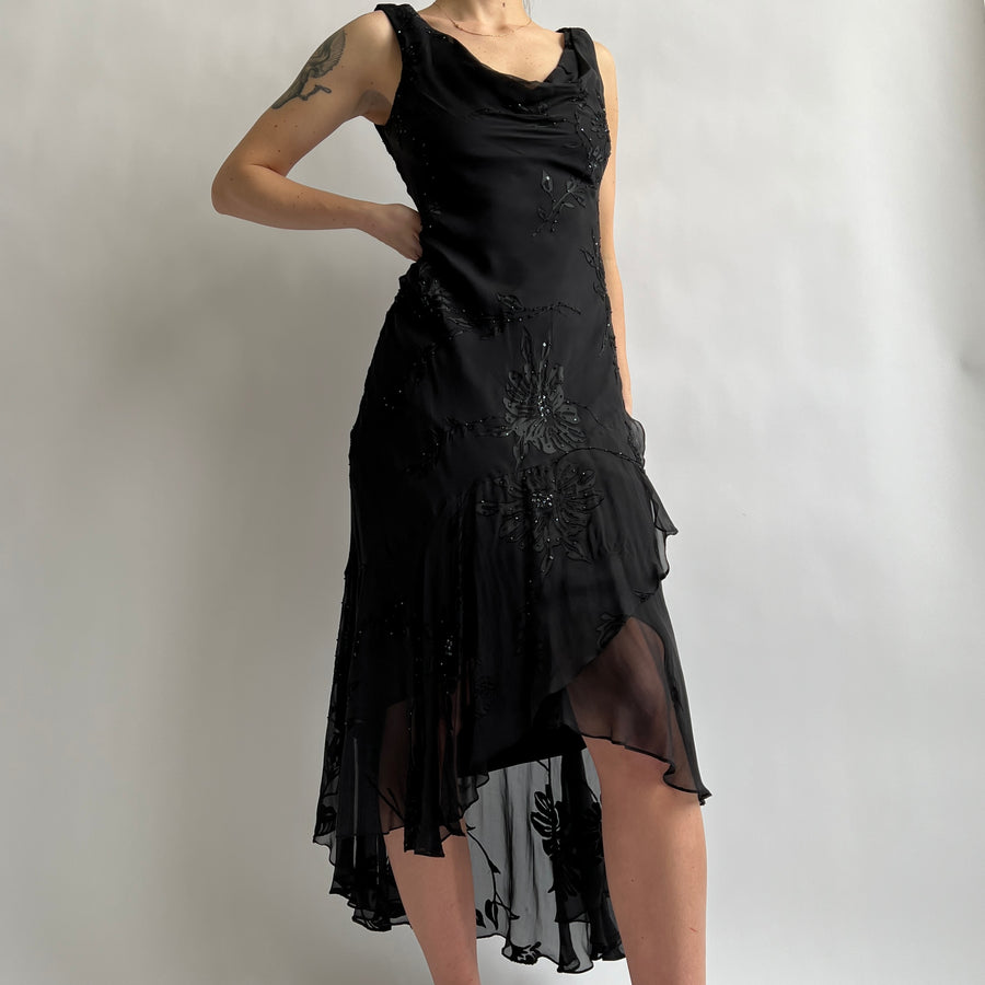 90s Black floral beaded maxi dress (L)
