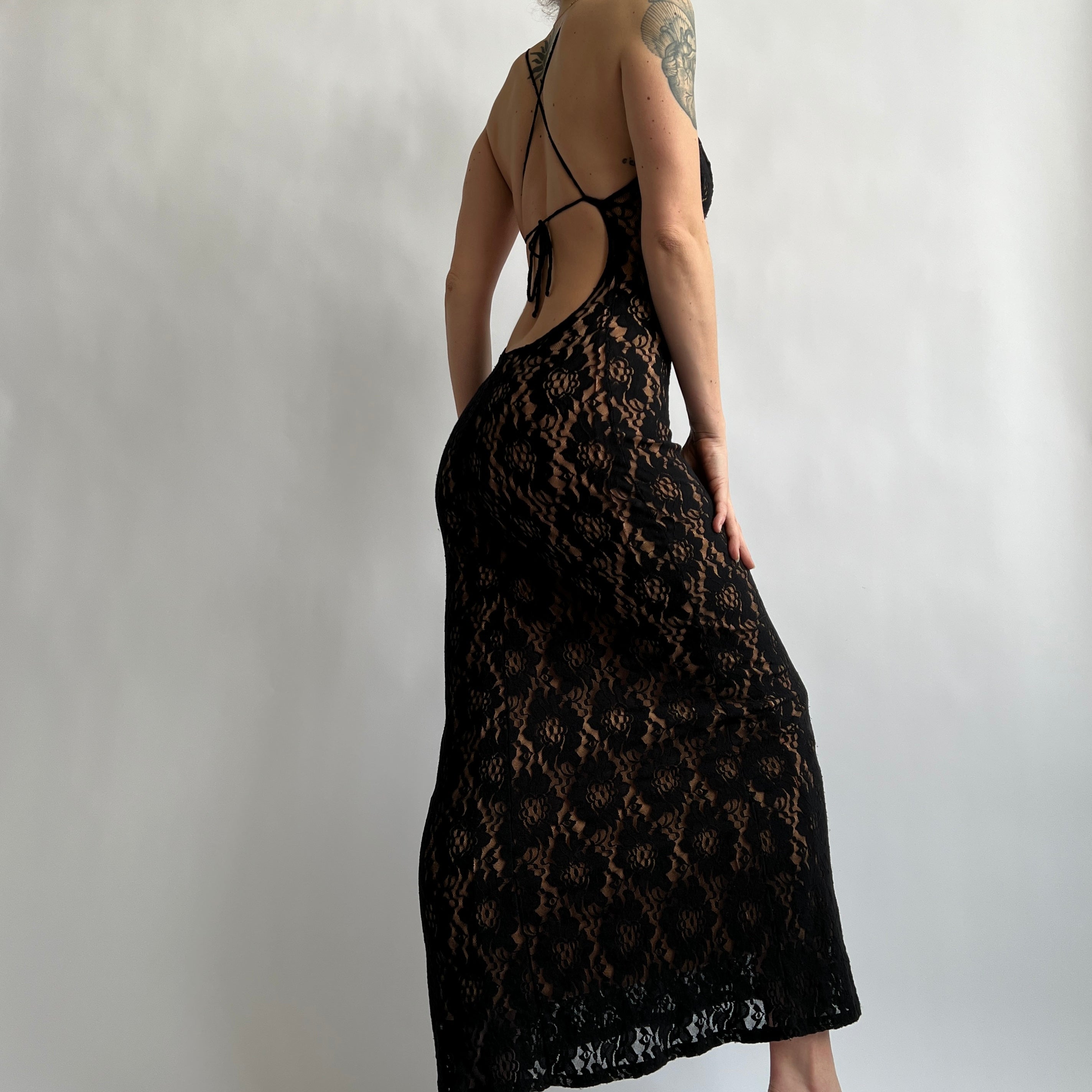 Vintage black lace open back maxi dress