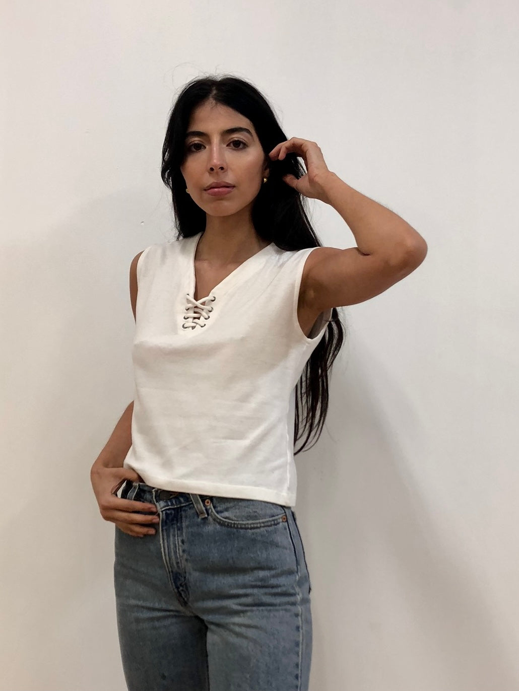 White Lace Up Top