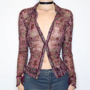 Purple Mesh Button Up Blouse (Medium) 