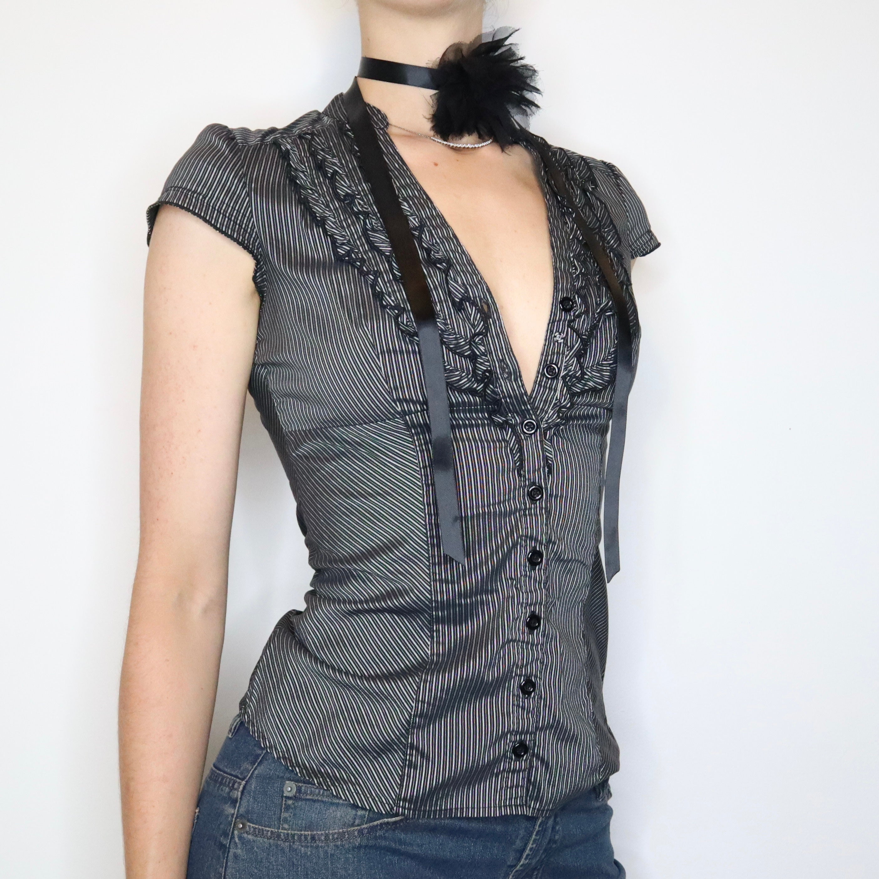 Gray Pinstripe Button Up Blouse (Small) 