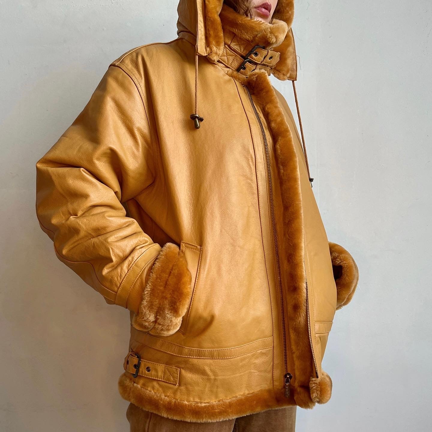Caramel leather buckle coat