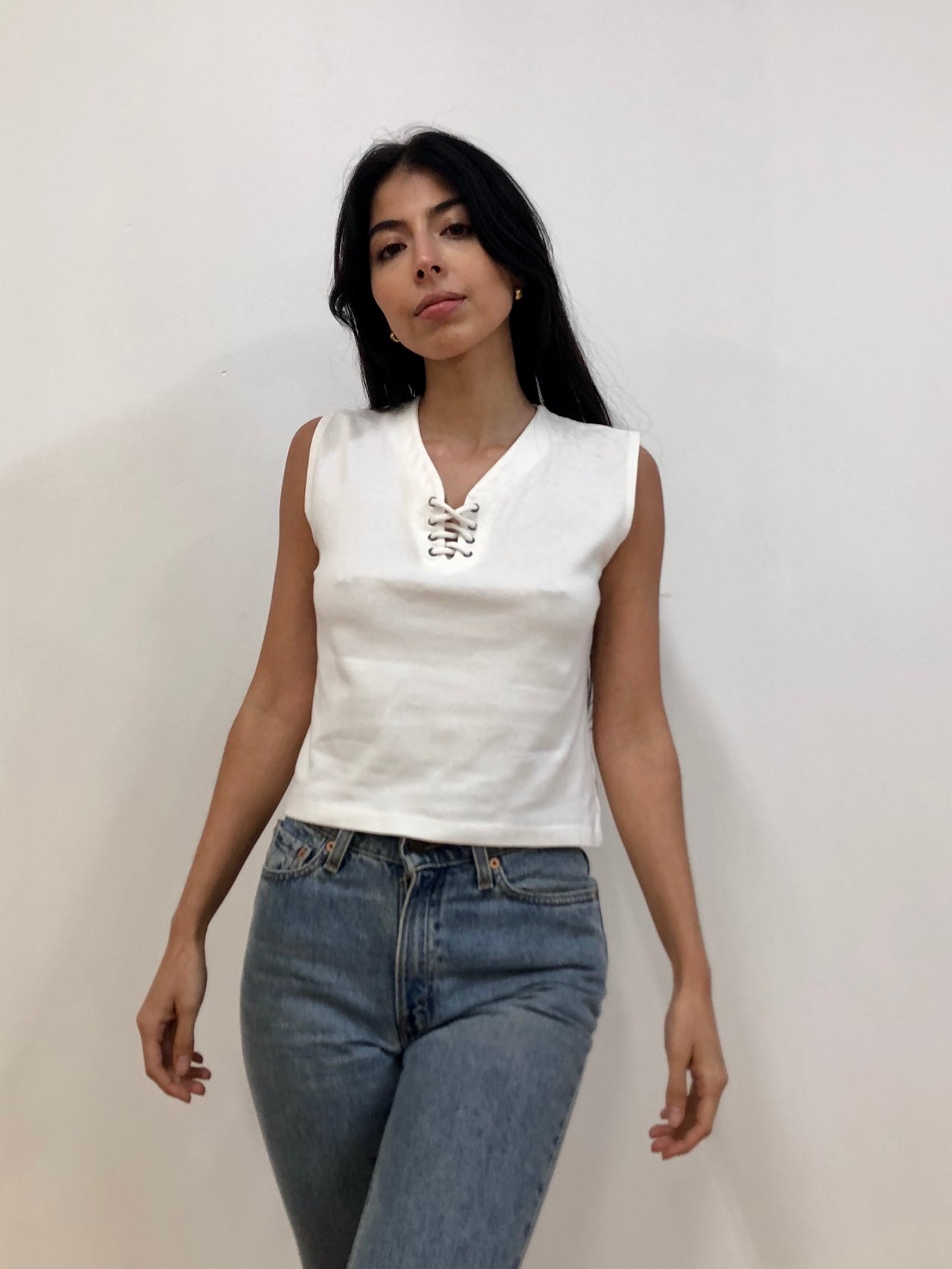 White Lace Up Top