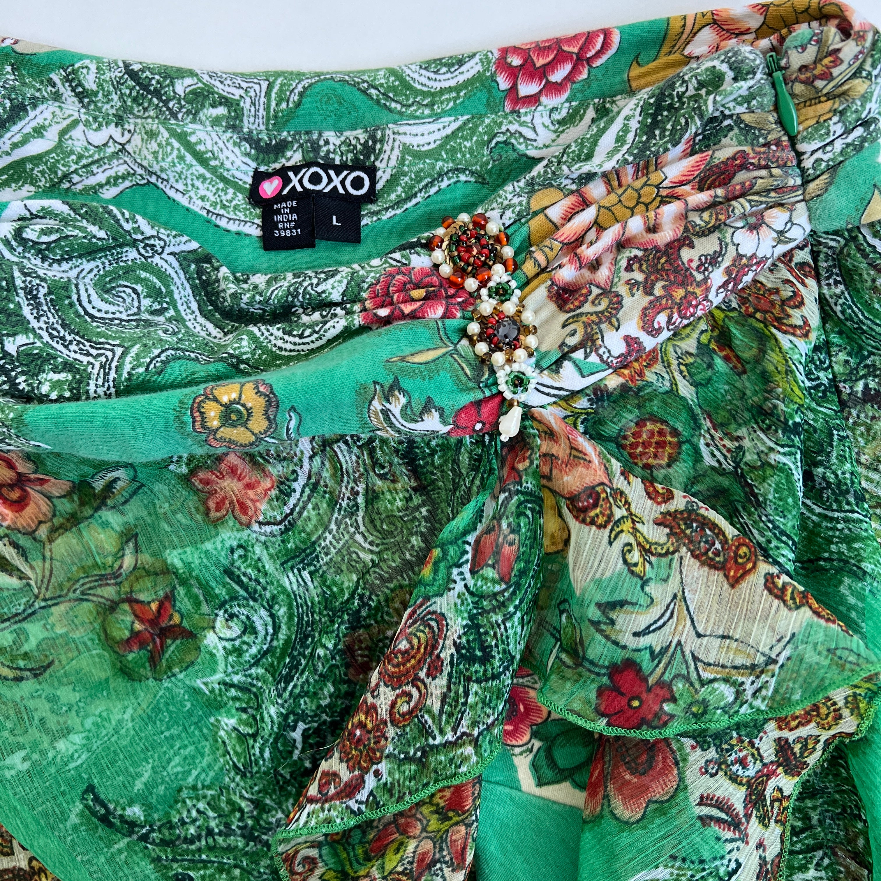 00s Green floral skirt L