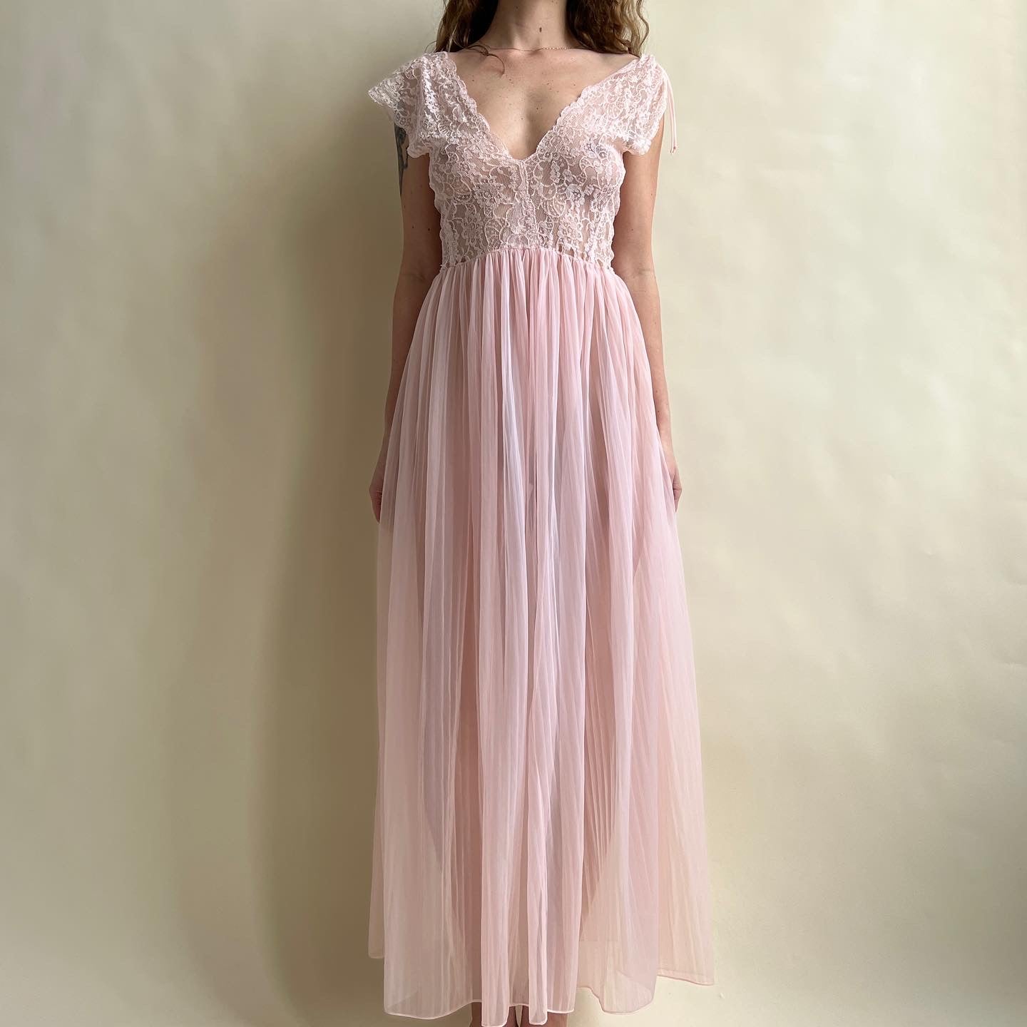 Baby pink sheer lace maxi