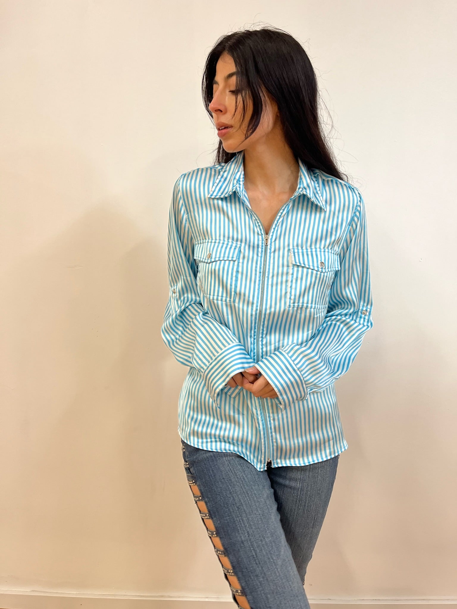 Blue candy stripe zip up