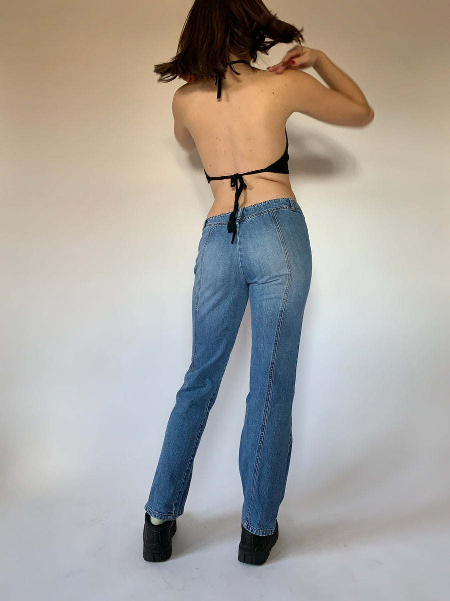 Y2K Low Rise Embroidered Flare Jeans (S/M) - Imber Vintage