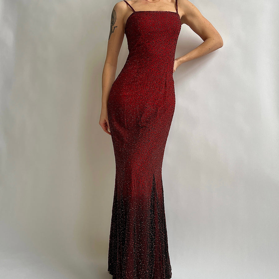 90s deep red ombré beaded formal dress