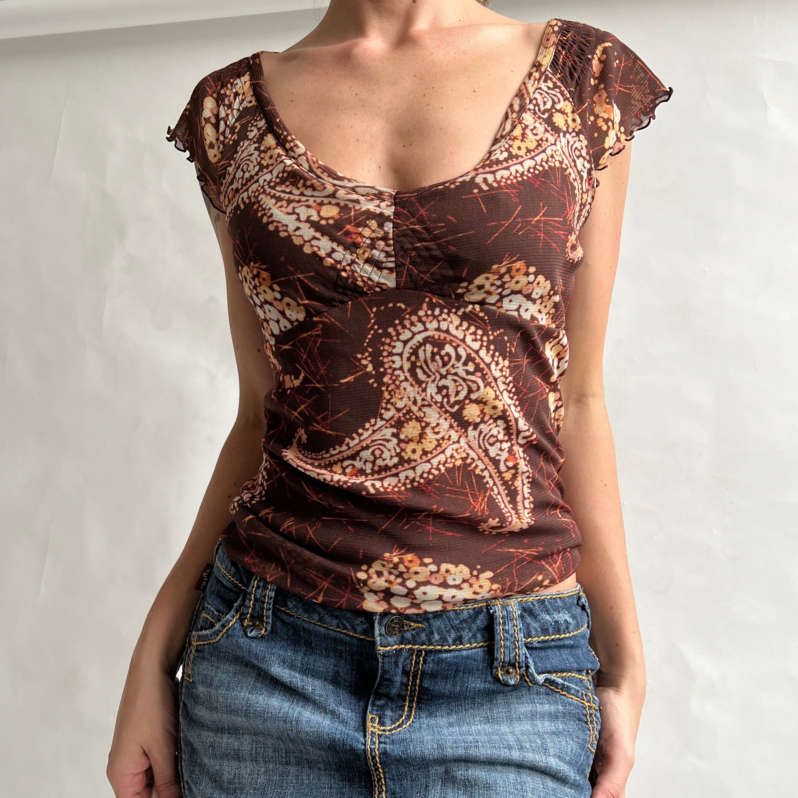 Brown paisley babydoll top L
