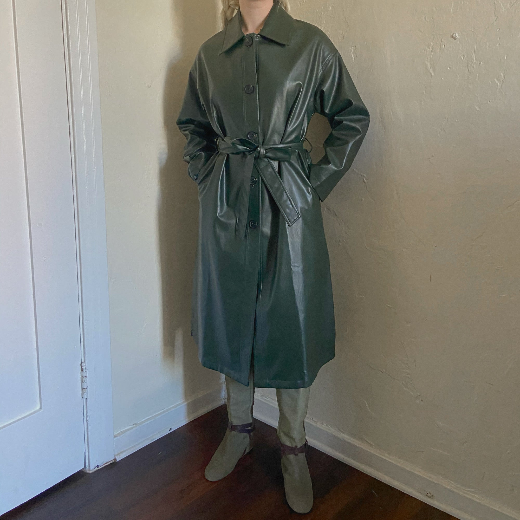 Vegan Leather Forest Green Trench Coat