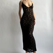 Vintage black lace open back maxi dress