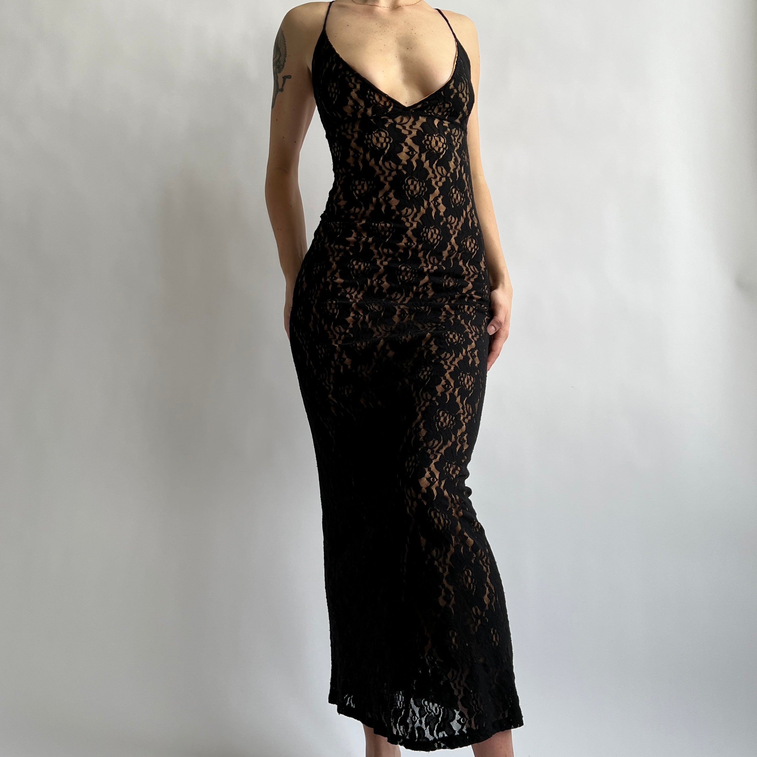 Vintage black lace open back maxi dress