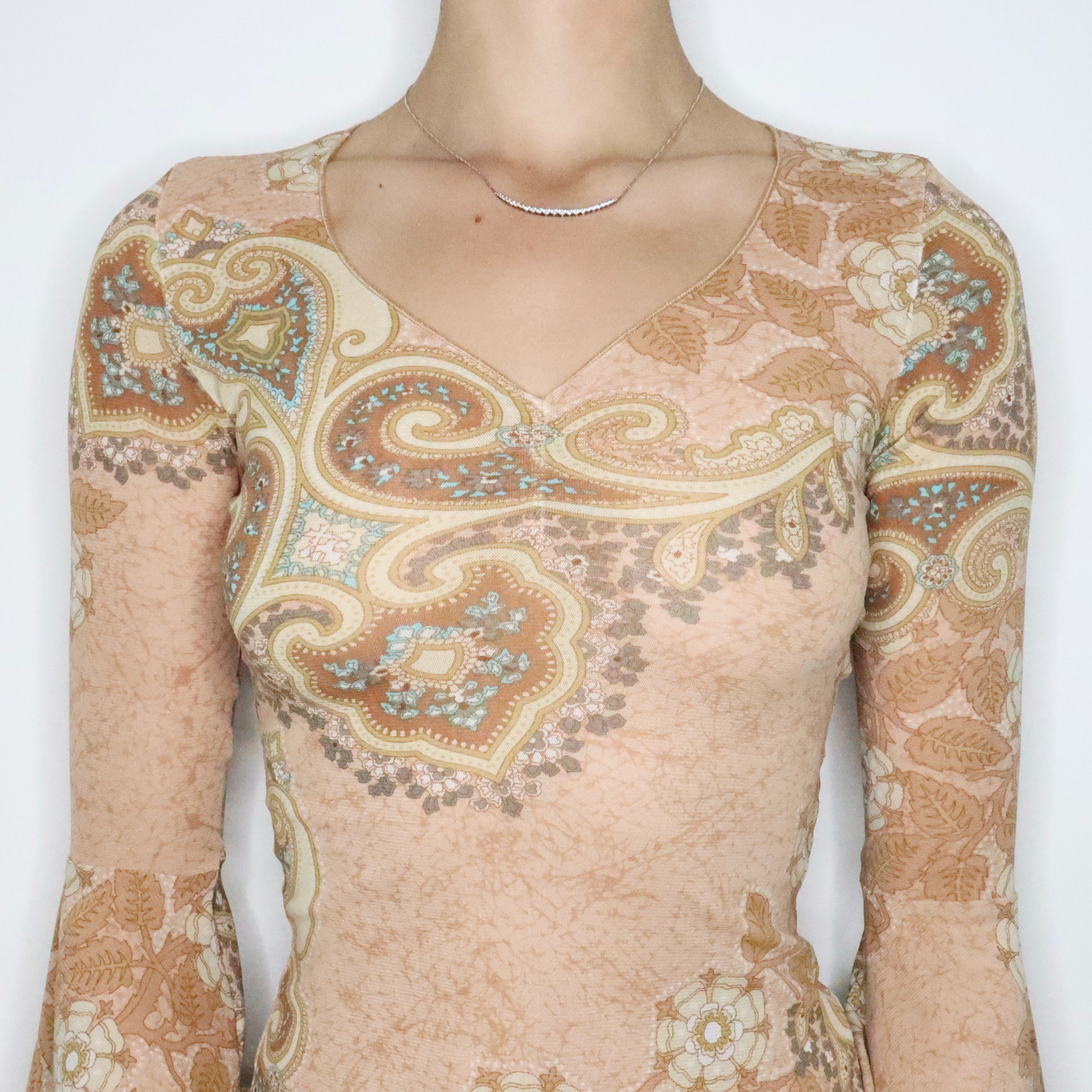 Tan Bell Sleeve Mesh Blouse (XS)