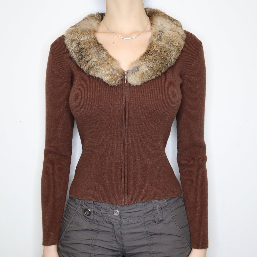 Brown Fur Collar Cardigan (S-M)