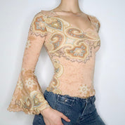 Tan Bell Sleeve Mesh Blouse (XS)