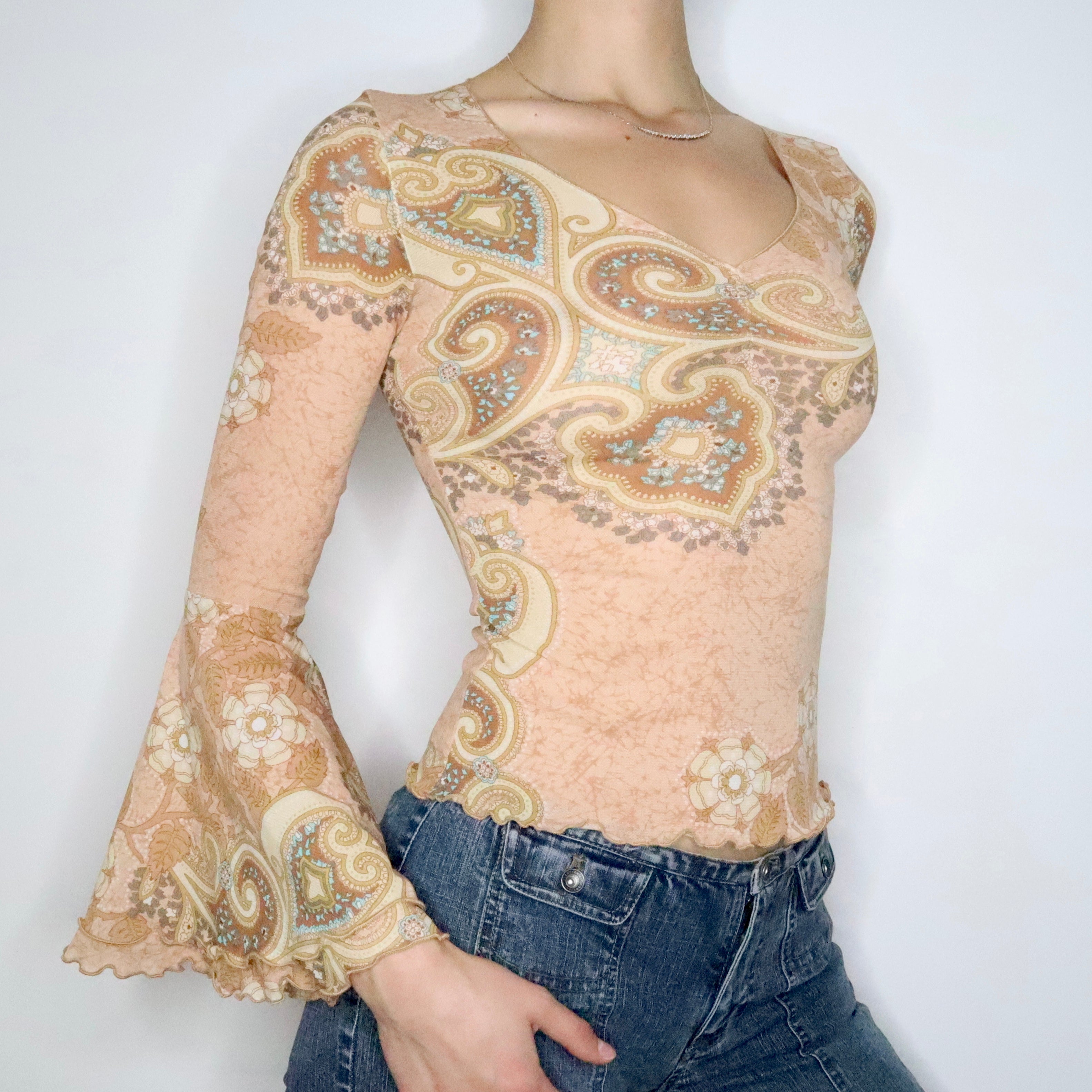 Tan Bell Sleeve Mesh Blouse (XS)