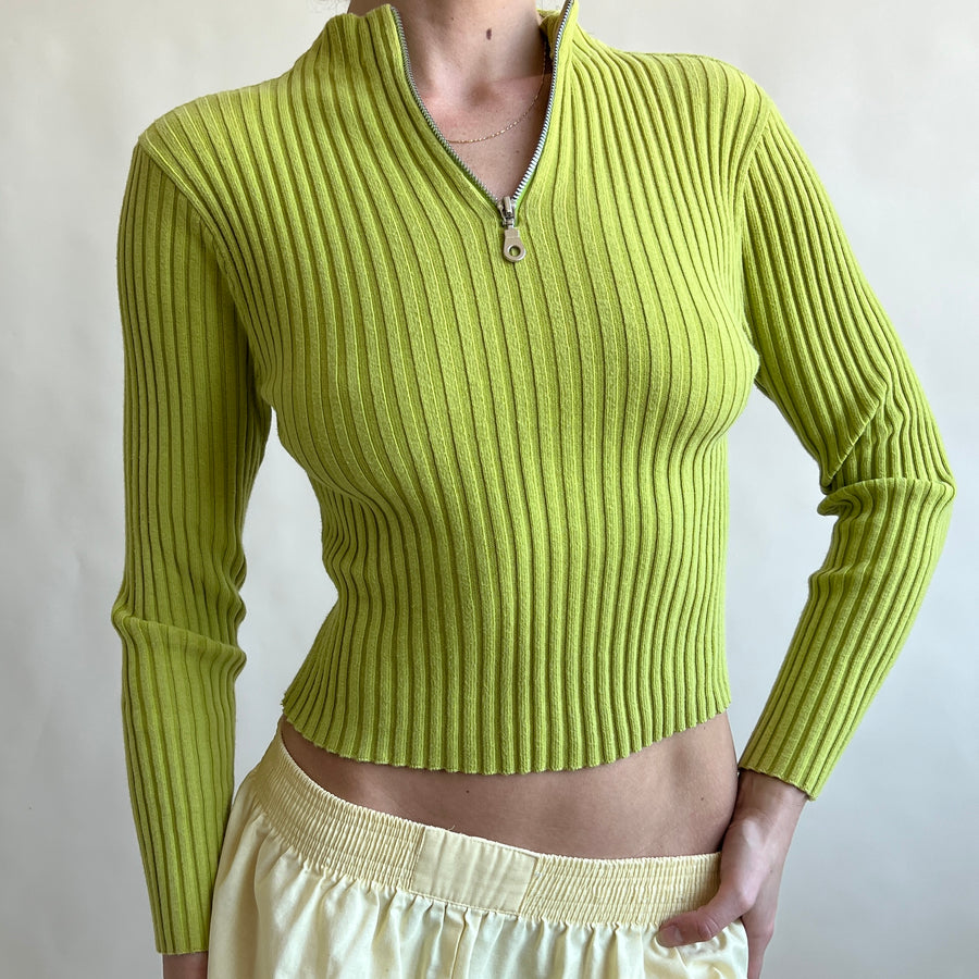 00s green ribbed zip sweater
