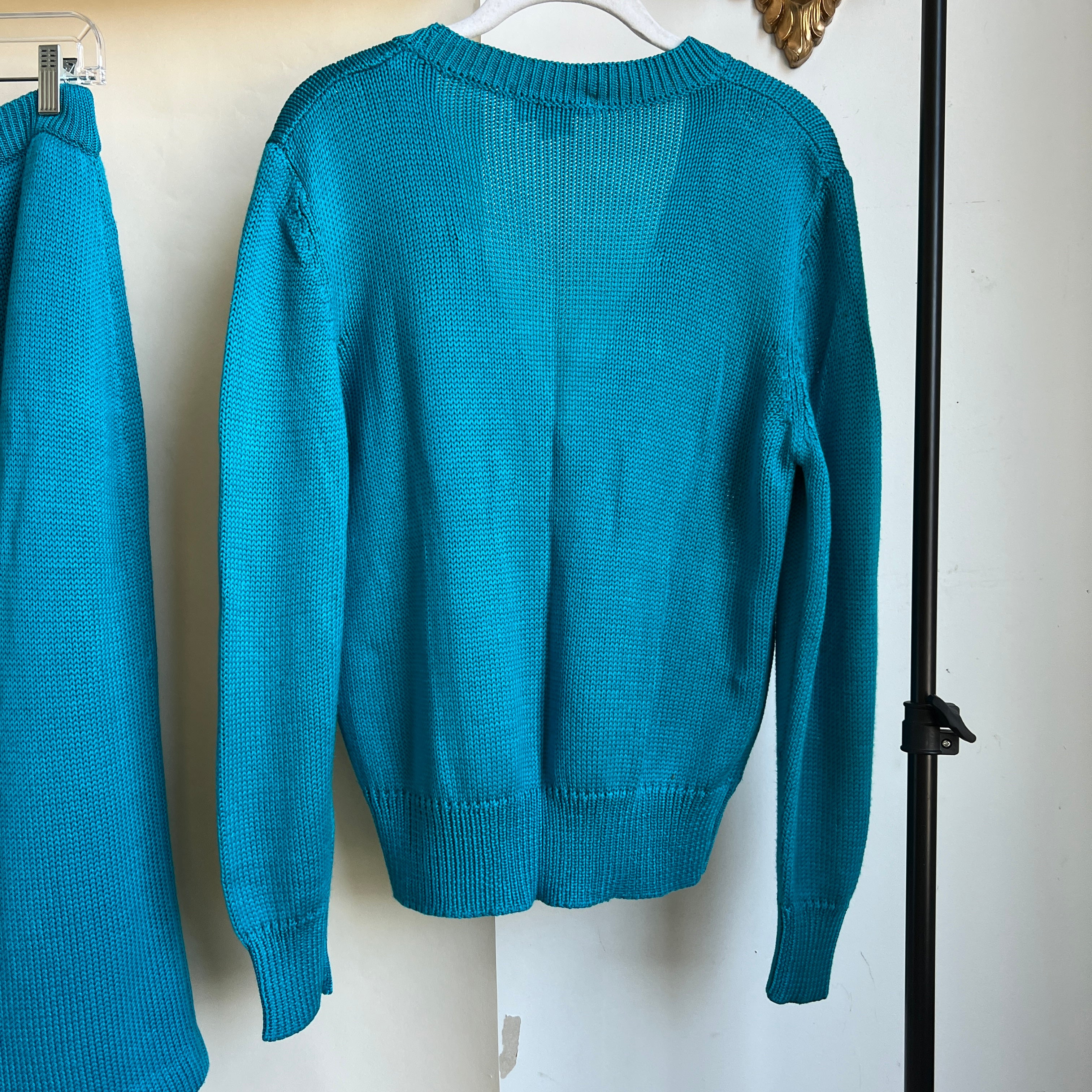 teal silk sweater set