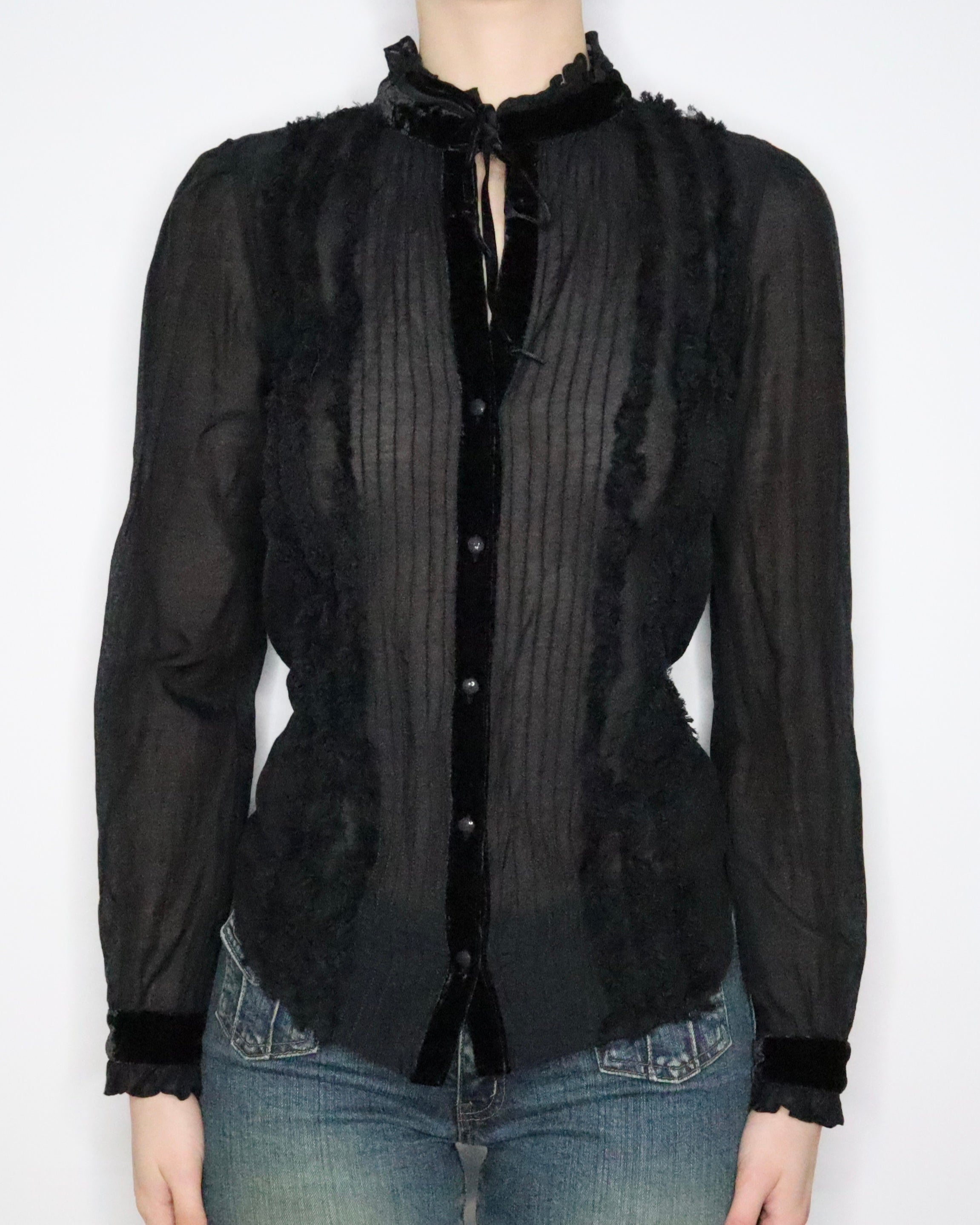 Black Silk Ruffle Blouse (S-M) 