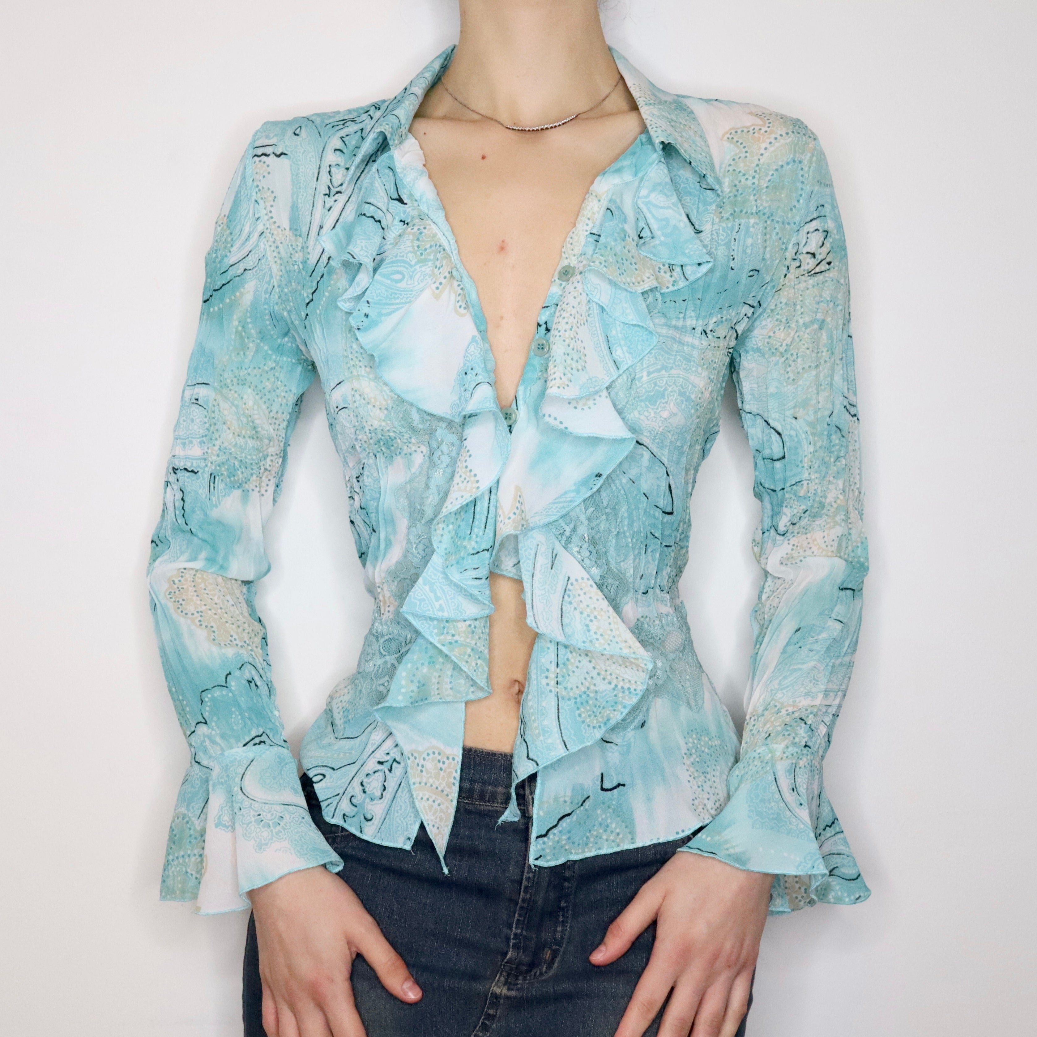 Blue Paisley Ruffle Blouse (S-M) 
