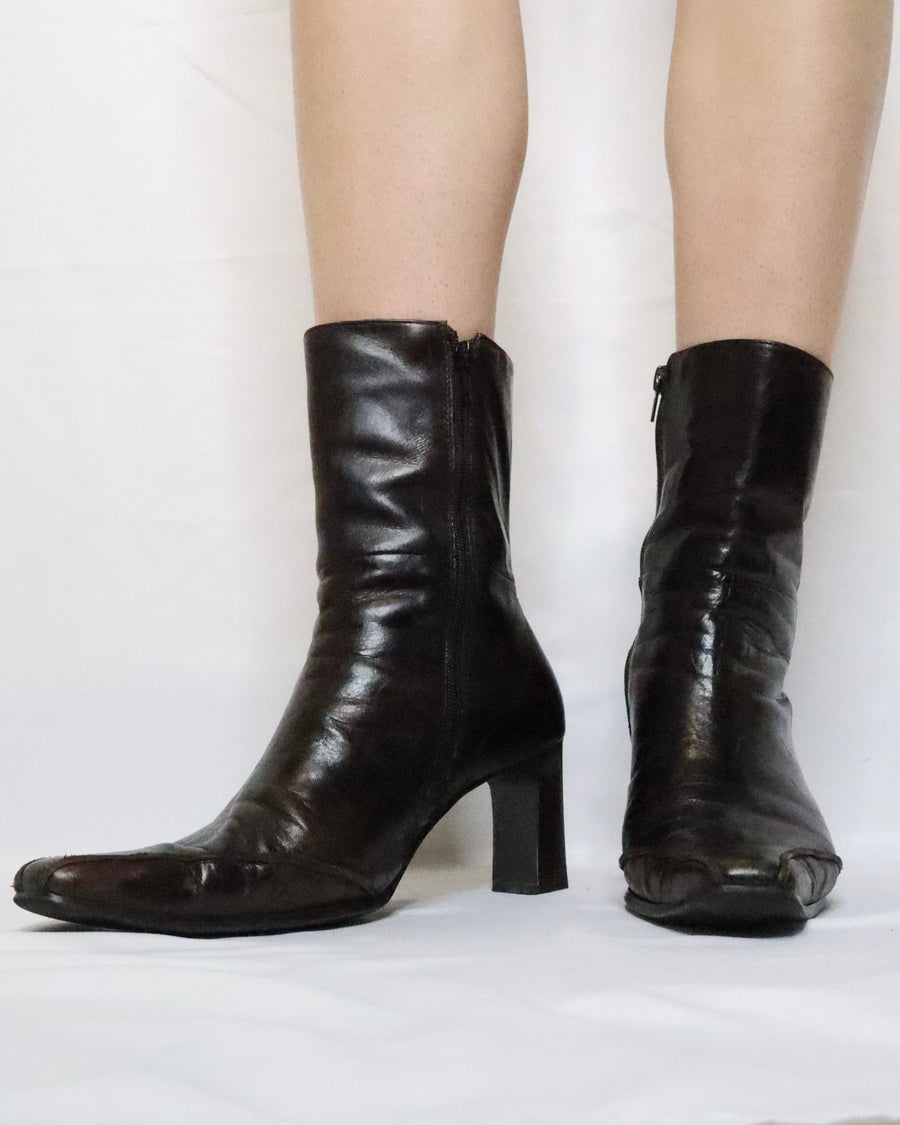 Brown Leather High Heel Boots (7-7.5 US/38 EU)