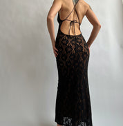 Vintage black lace open back maxi dress