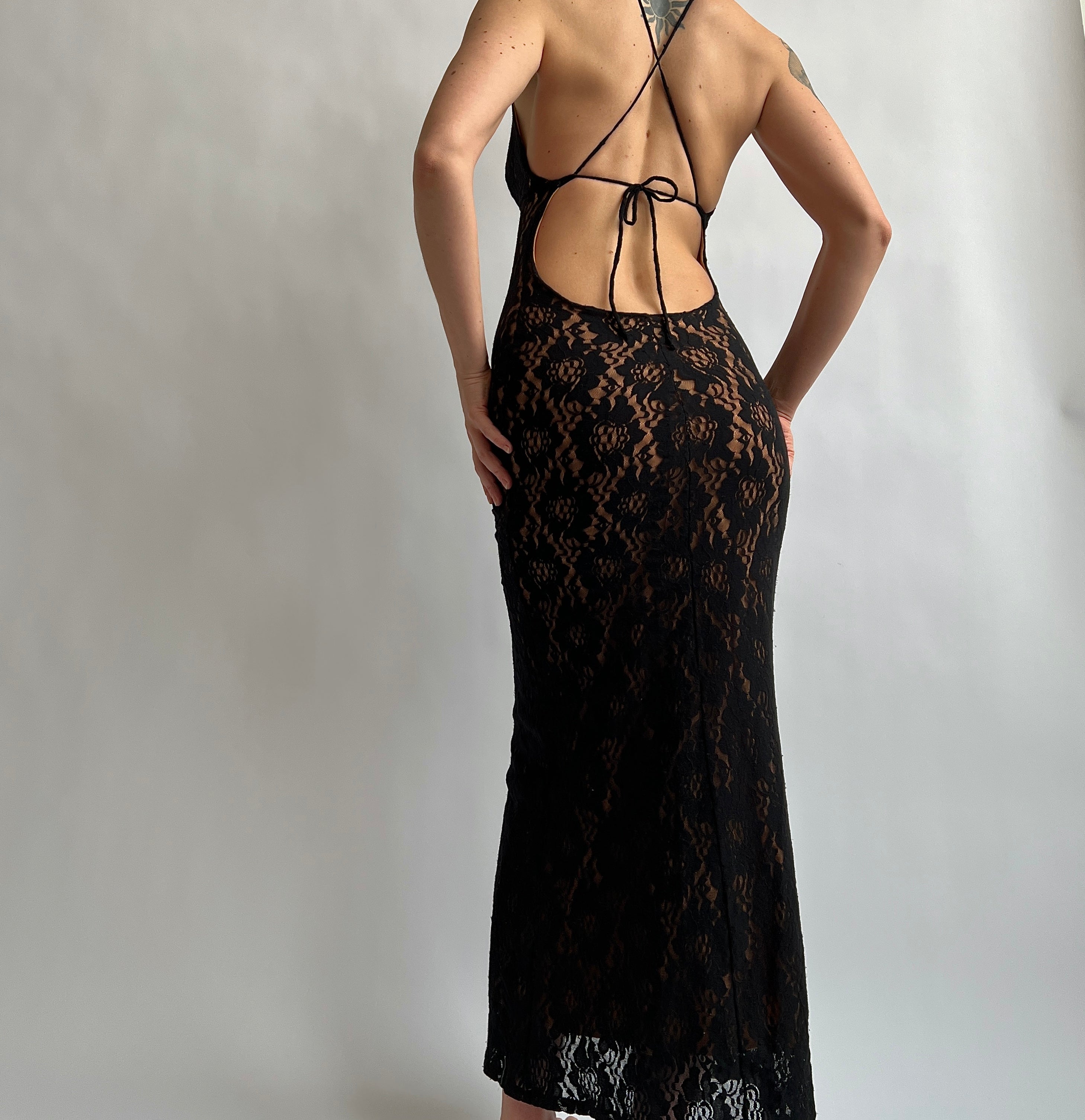 Vintage black lace open back maxi dress