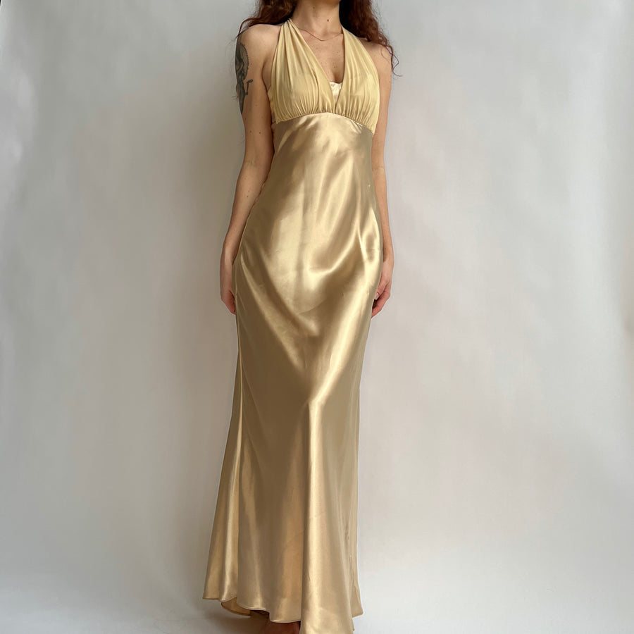 Vintage gold mesh & satin formal dress
