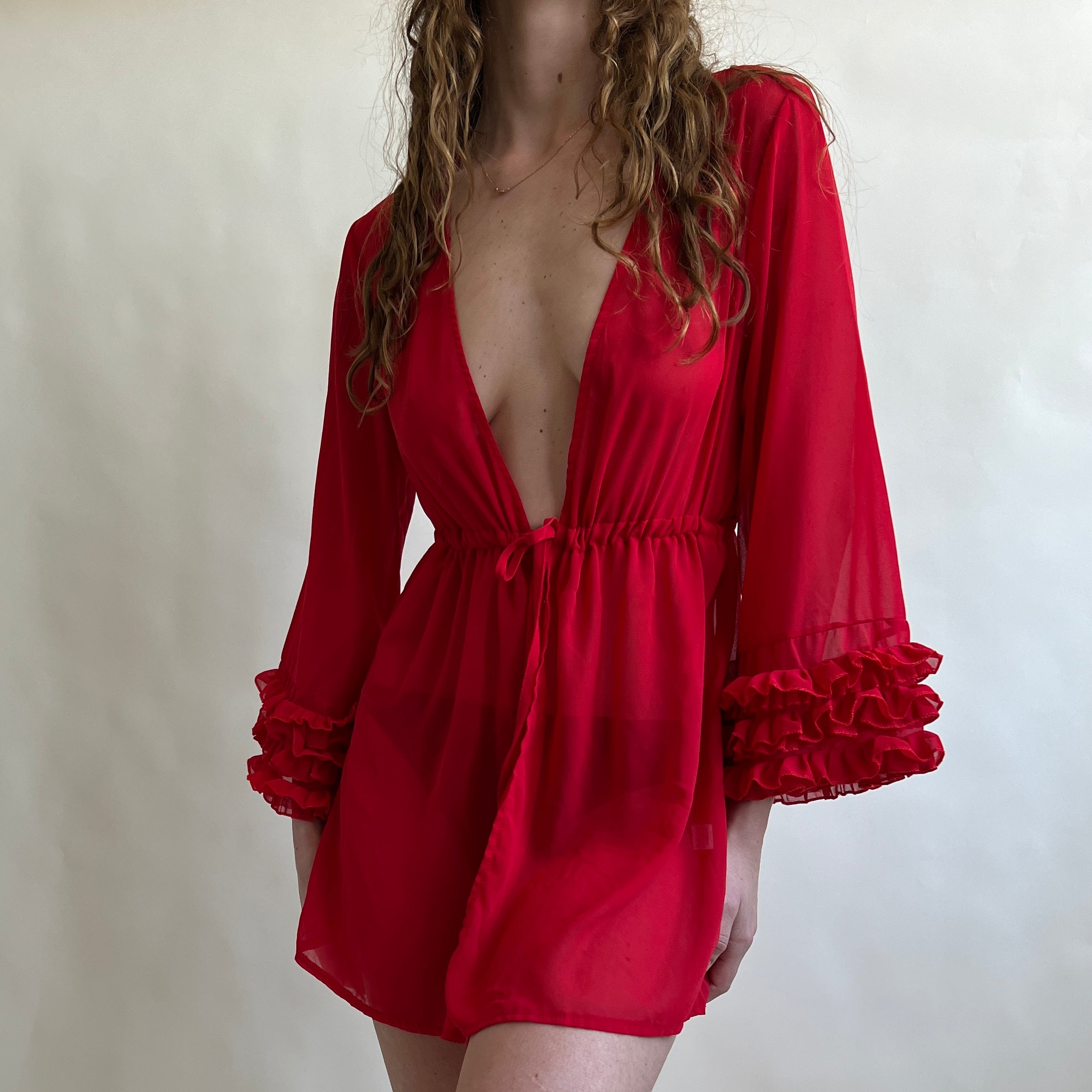 Ruffle sleeve sheer red robe